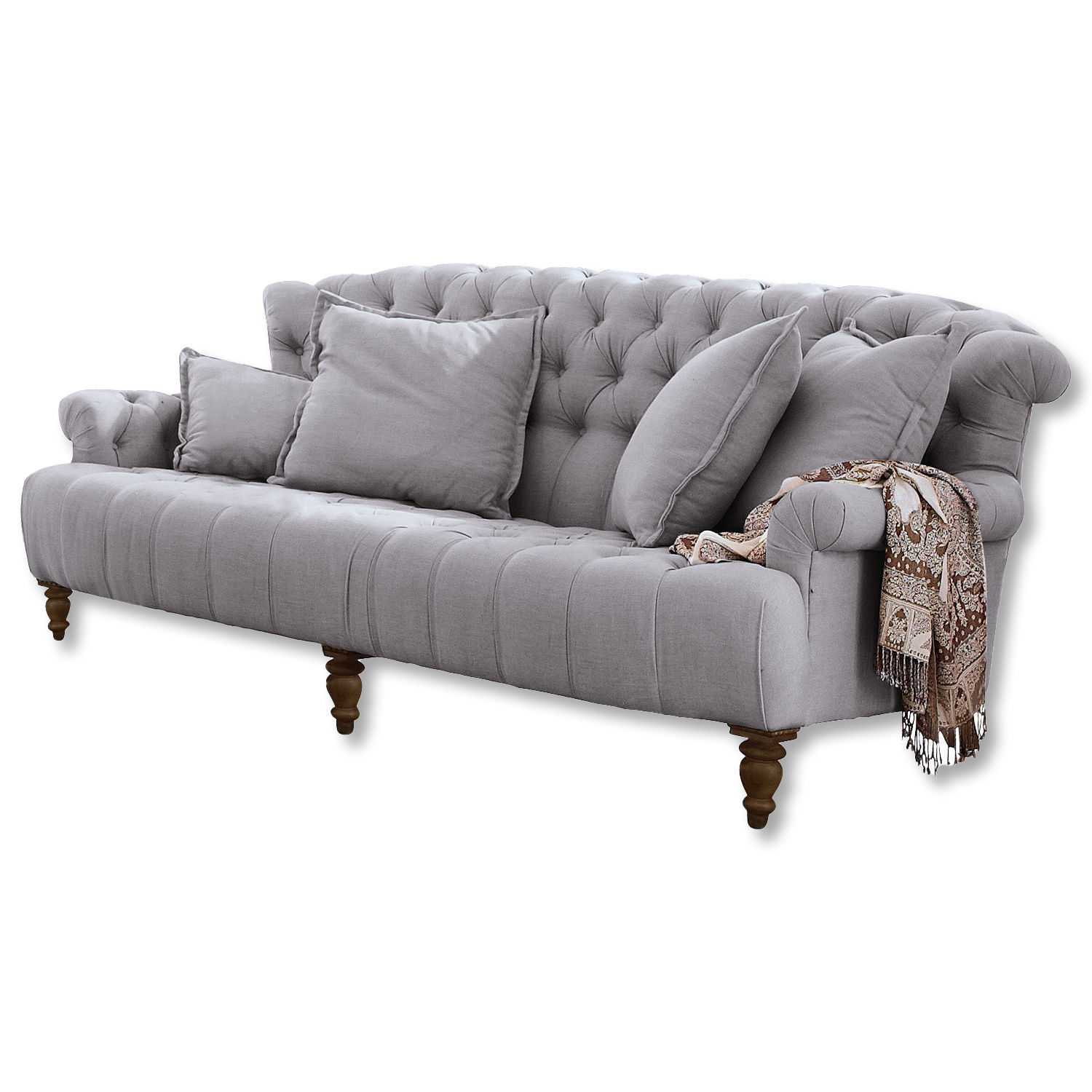 Sofa Springfield Village Szara tapicerowana sofa z tkaniny z pikowanym oparciem i drewnianymi nogami, dekoracyjny szal