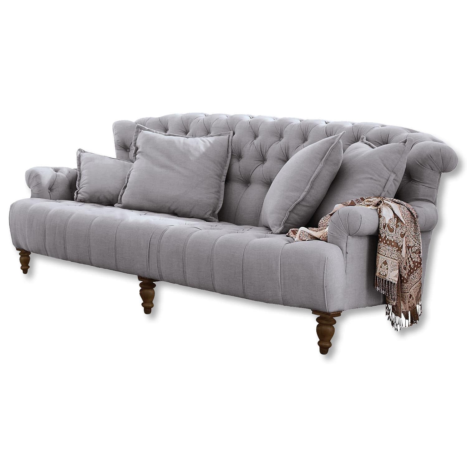 Sofa Springfield Village Szara tapicerowana sofa z tkaniny z pikowanym oparciem i drewnianymi nogami, dekoracyjny szal