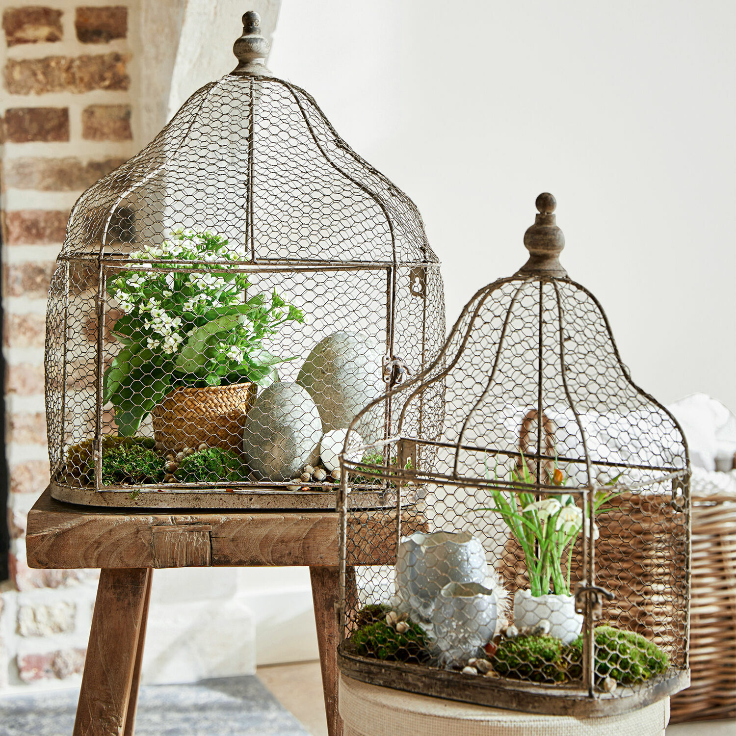 Dekoracyjne metalowe klatki z siatki w kolorze starego złota z roślinami i kamieniami na drewnianym stole