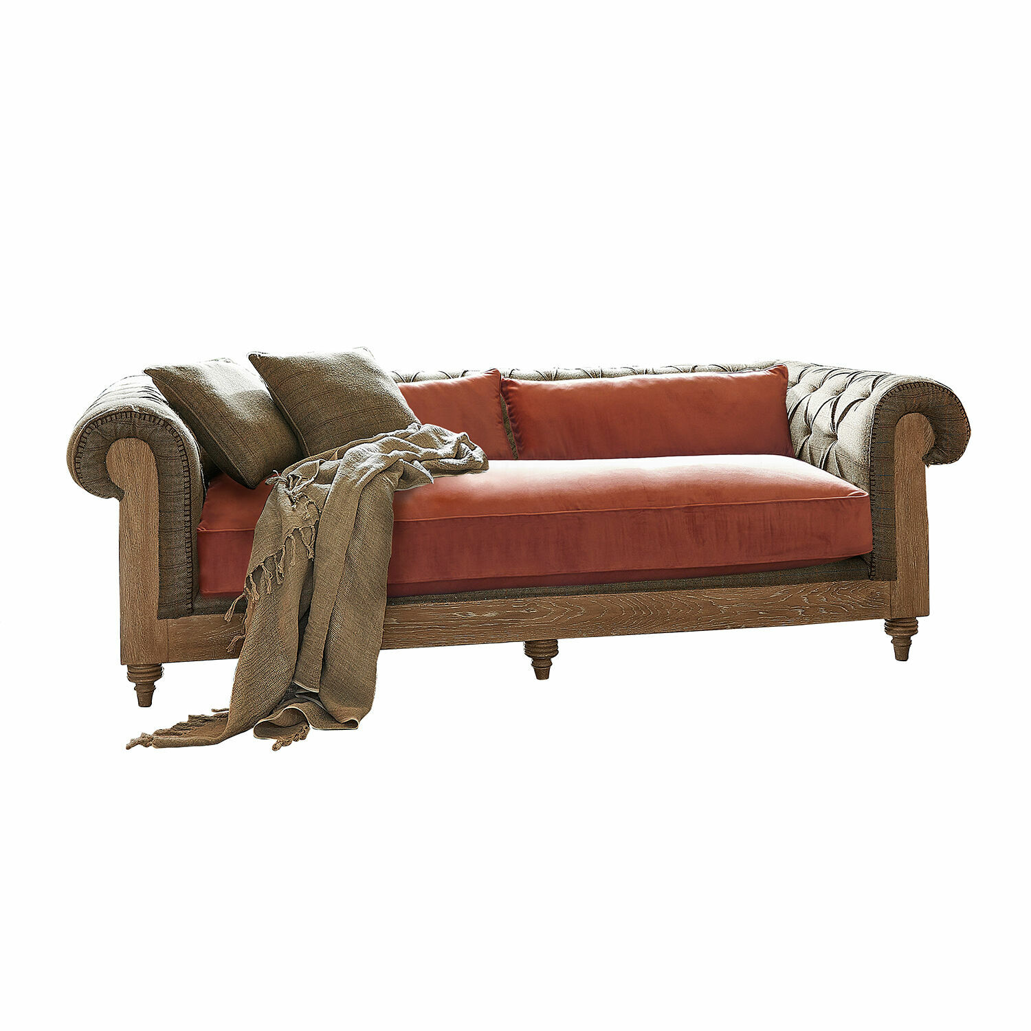 brązowy/terakota Kanani sofa z brązowej tkaniny z terakotowymi poduszkami i drewnianą ramą, styl vintage