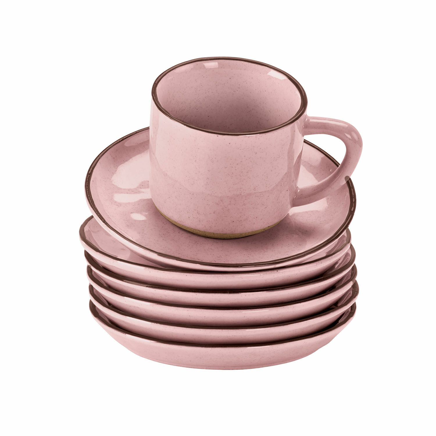 różowy Zestaw 6 różowych ceramicznych filiżanek z talerzykami do kawy, elegancki design do domu