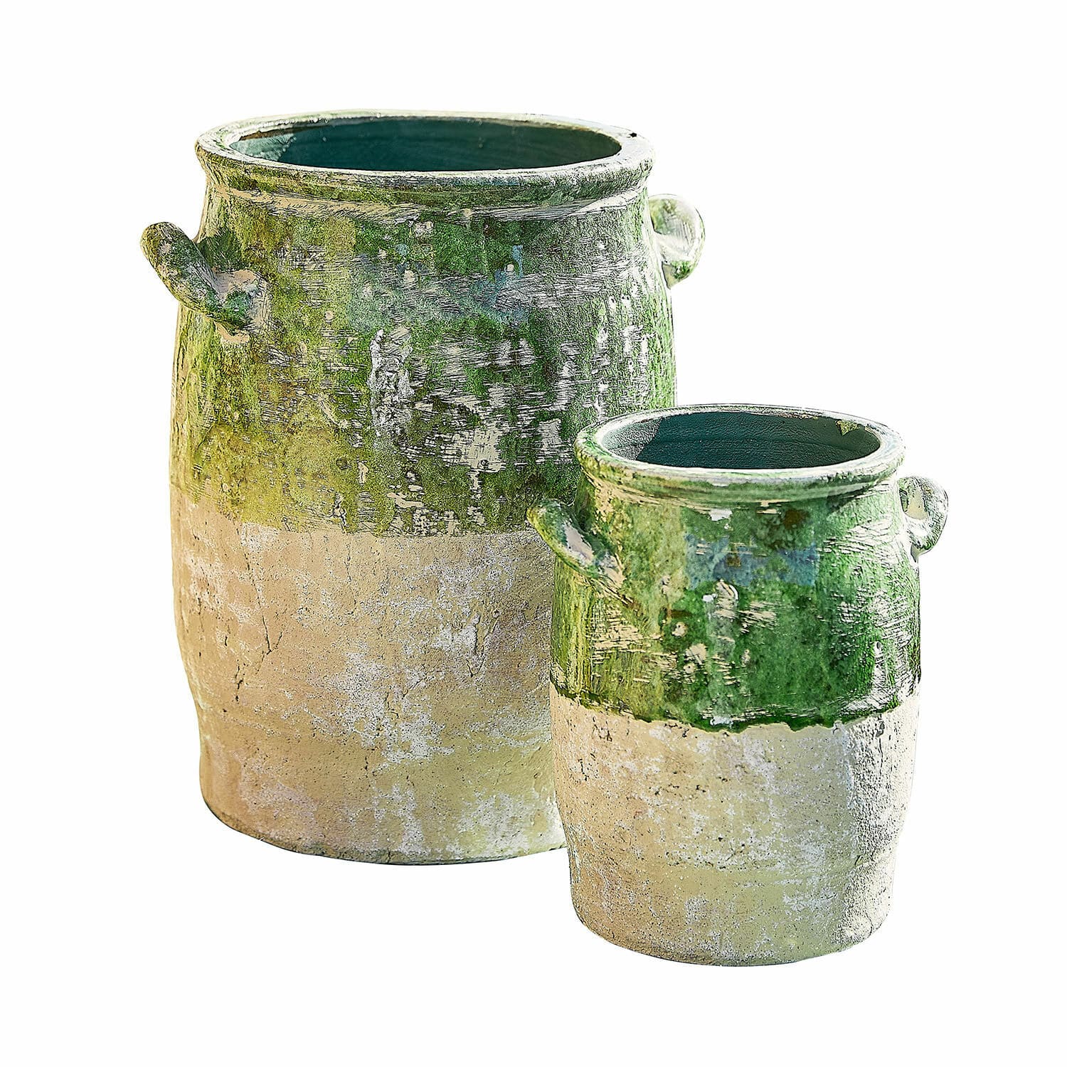 Wazon – zestaw 2 szt. Reefton Zestaw dwóch ceramicznych donic w zielono-beżowym kolorze z uchwytami, dekoracja ogrodowa
