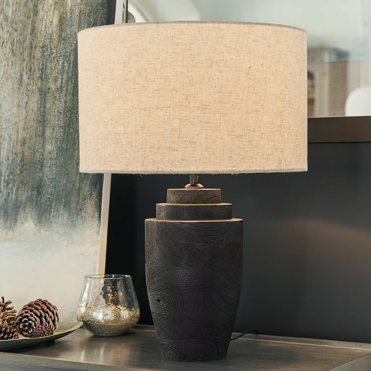 Lampa stołowa Daphielle Lampka stołowa z czarnego drewna z beżowym abażurem, dekoracja wnętrz, oświetlenie salonu