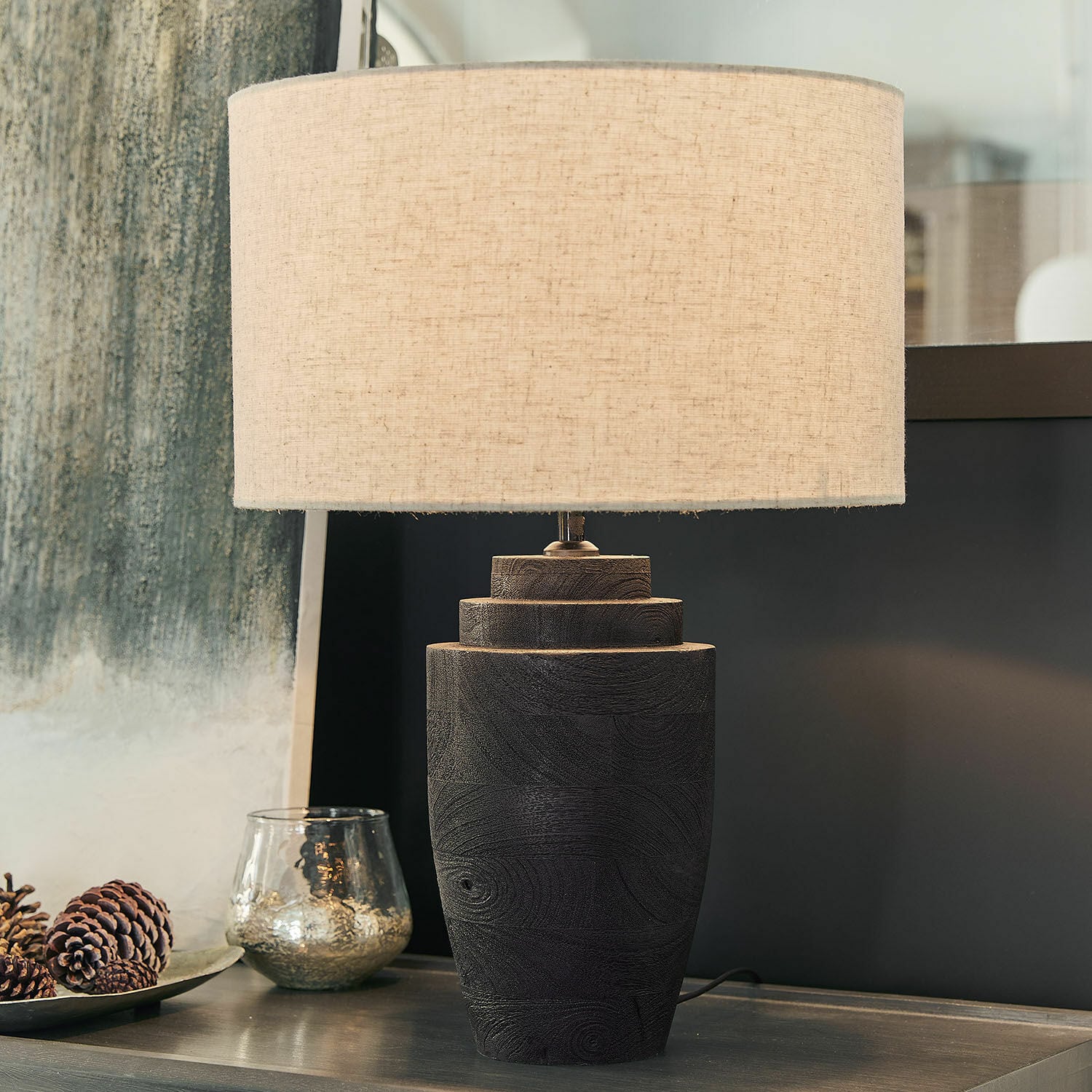Lampa stołowa Daphielle Lampka stołowa z czarnego drewna z beżowym abażurem, dekoracja wnętrz, oświetlenie salonu