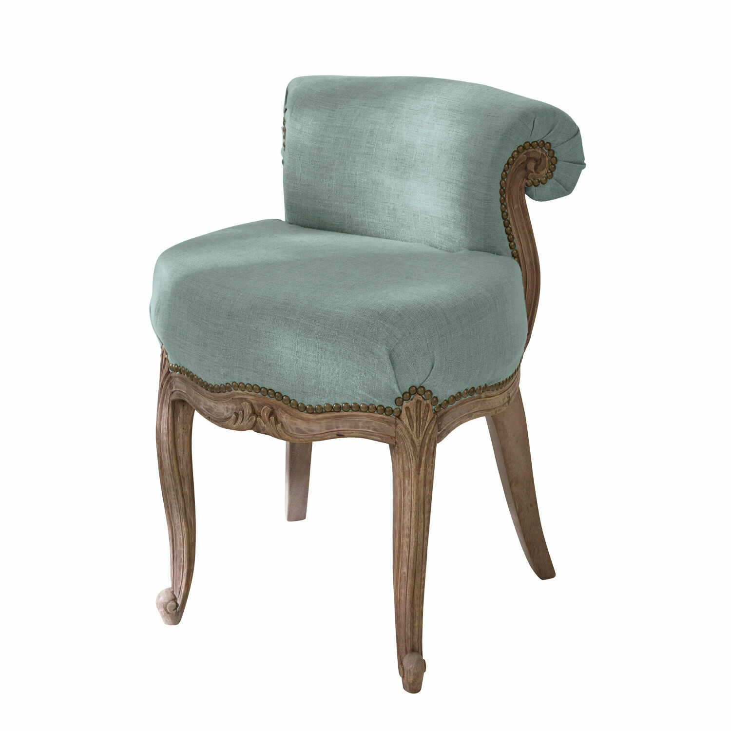 niebieski Fotel Rivel z niebieską tkaniną i drewnianą ramą, styl vintage, elegancki mebel do salonu