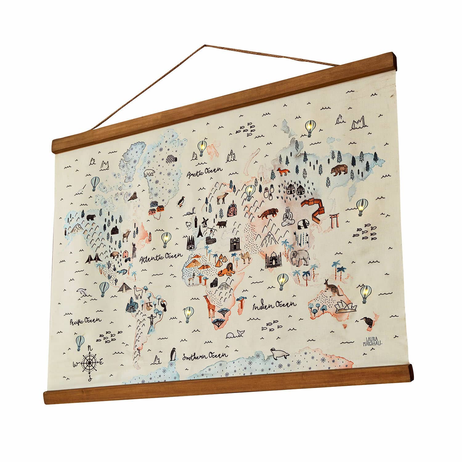 Plakat z diodami LED Chaumont Mapa świata na płótnie z drewnianą ramą i ilustracjami zwierząt oraz zabytków, dekoracja ścienna