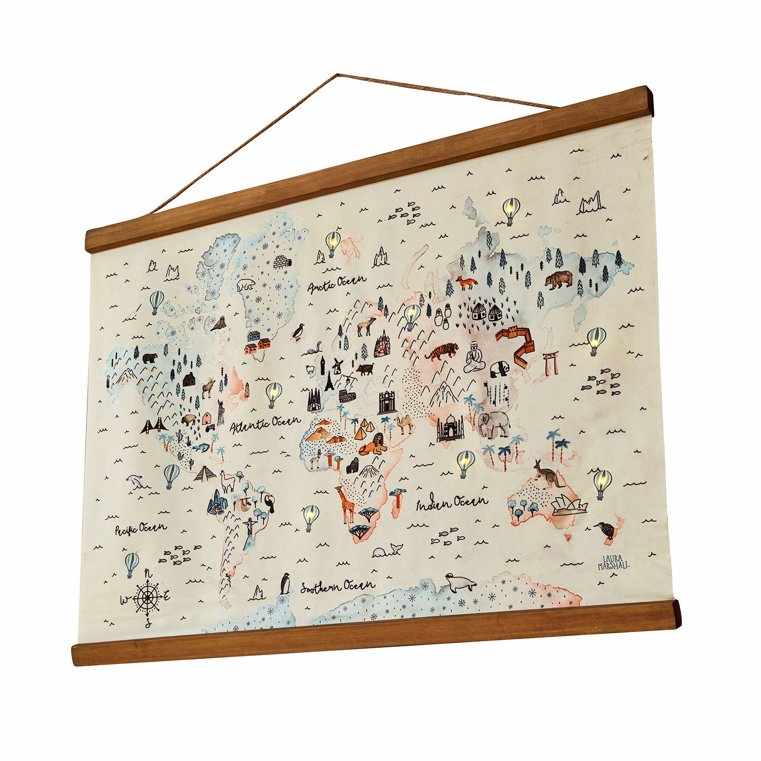 Plakat z diodami LED Chaumont Mapa świata na płótnie z drewnianą ramą i ilustracjami zwierząt oraz zabytków, dekoracja ścienna