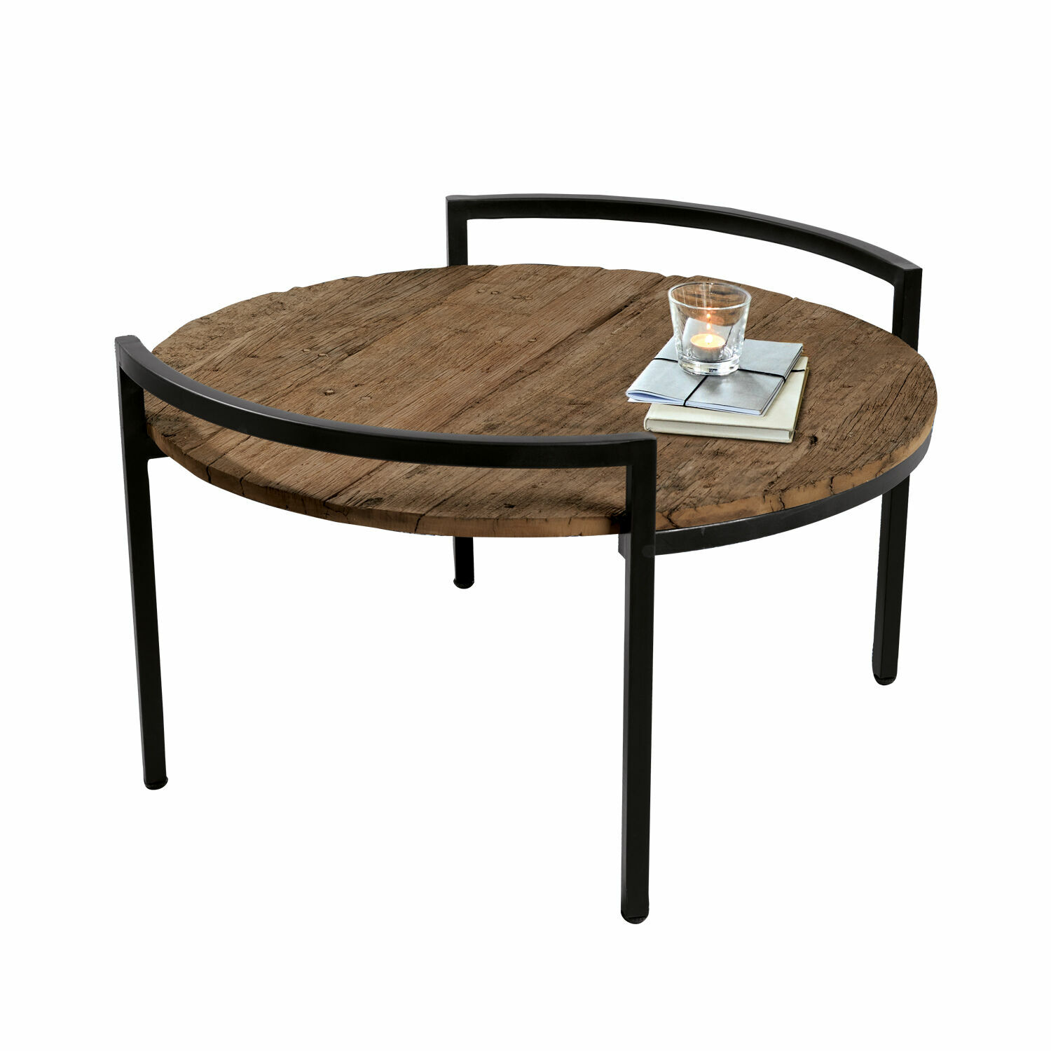 Stolik kawowy Rosemill Okrągły stolik kawowy z drewnianym blatem i czarną metalową ramą, nowoczesny design do salonu