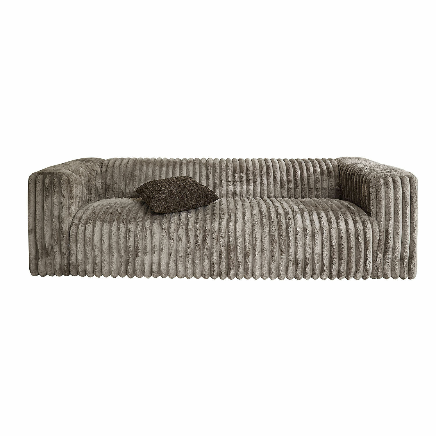 Sofa Roucemont Szara sofa z miękkiego pluszu z pionowymi przeszyciami i ciemną poduszką dekoracyjną
