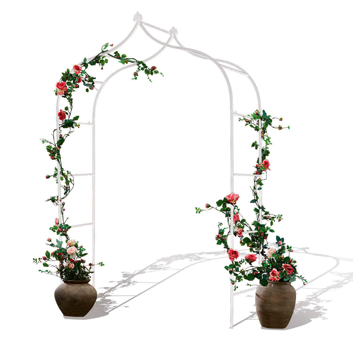 Pergola ogrodowa Dimarus Biała metalowa altana ogrodowa z donicami i różowymi kwiatami, dekoracja do ogrodu