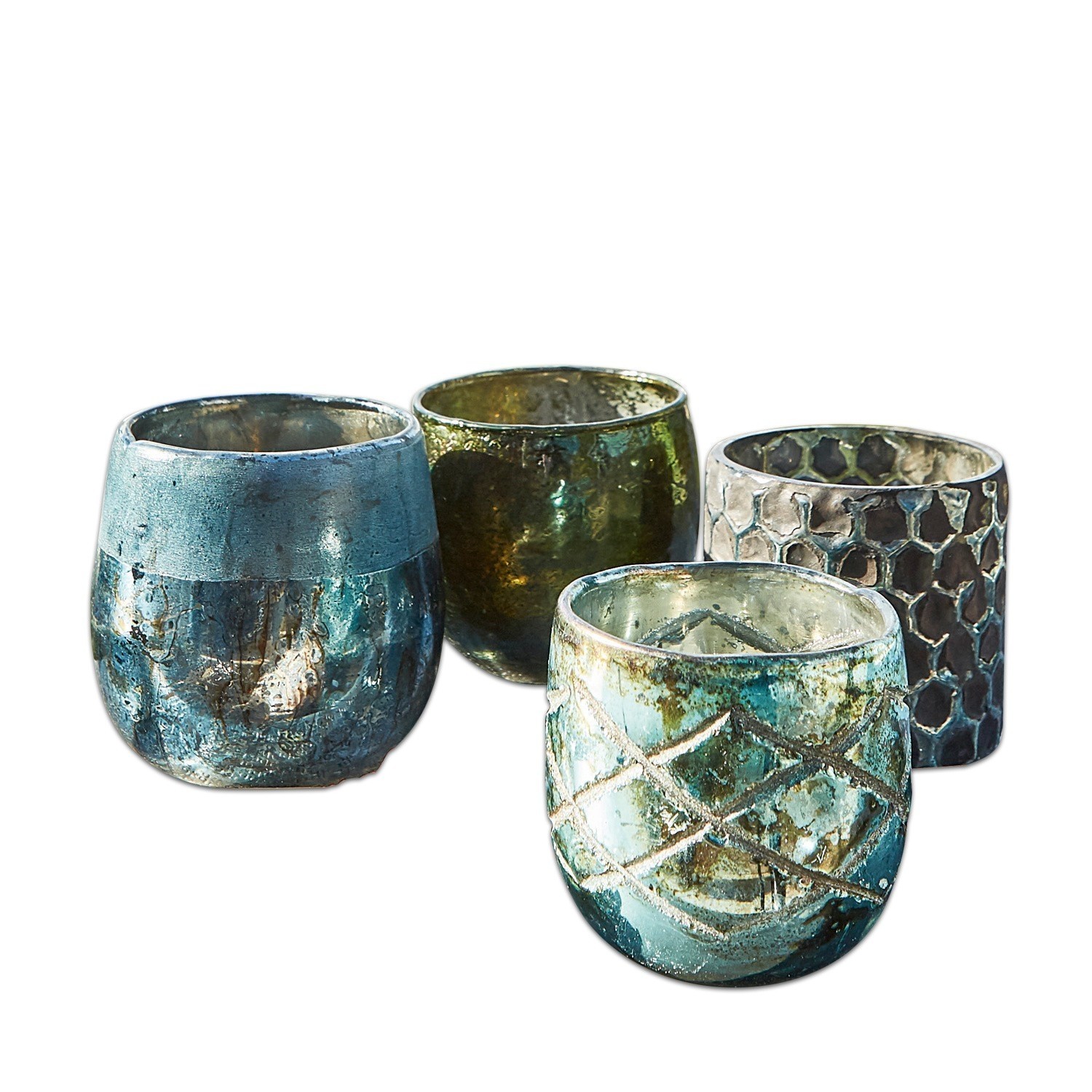 Świecznik, zestaw 4 szt. Marine Zestaw czterech ceramicznych świeczników w odcieniach niebieskiego i zielonego z dekoracyjnym wzorem