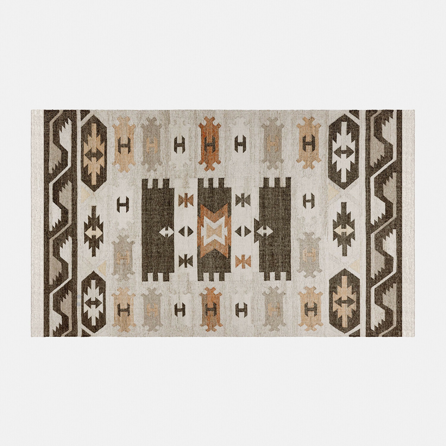 Dywan z geometrycznym wzorem w odcieniach beżu, brązu i pomarańczy, materiał tekstylny