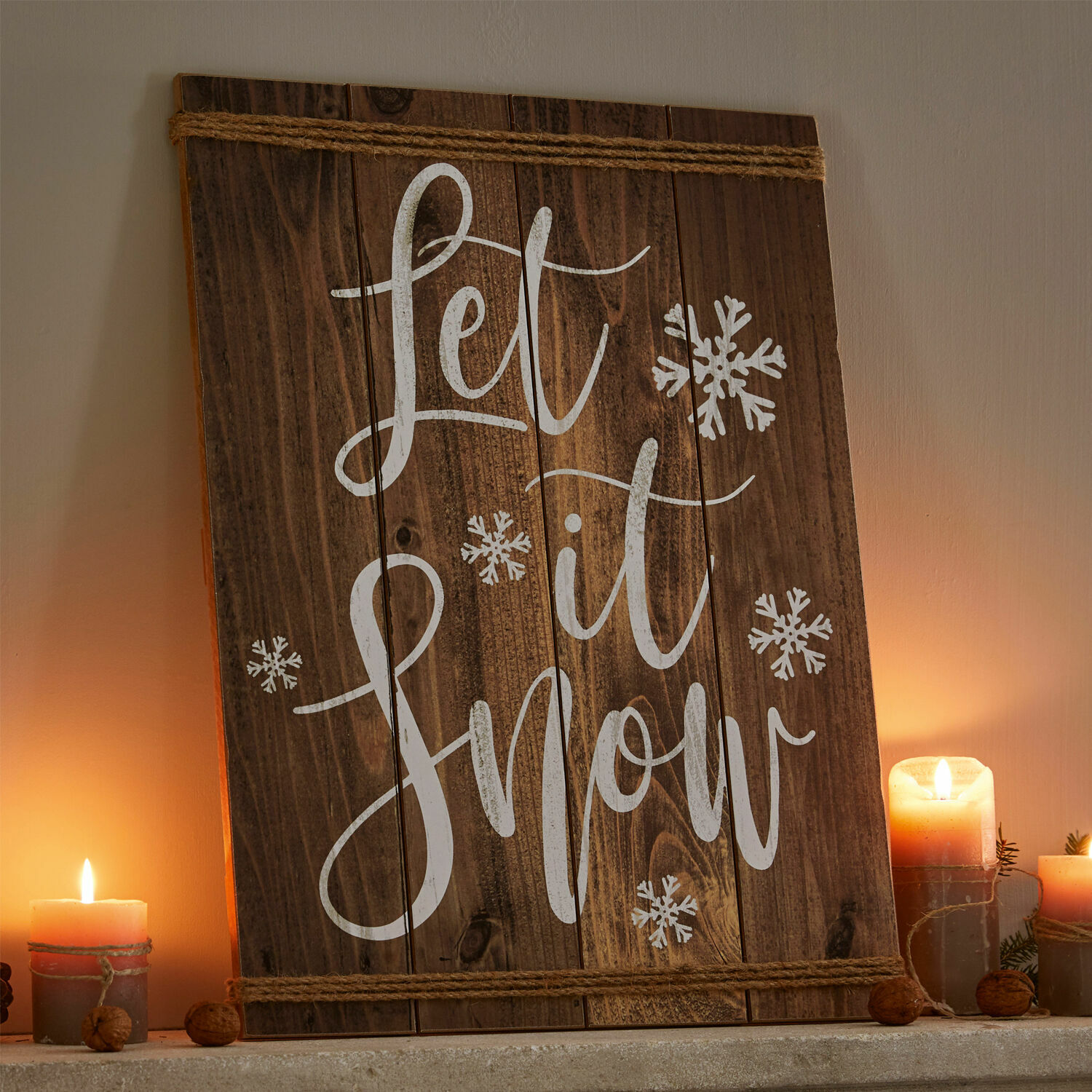 Tablica dekoracyjna Verrand Drewniana dekoracja ścienna z napisem Let it Snow i białymi płatkami śniegu, ozdoba zimowa