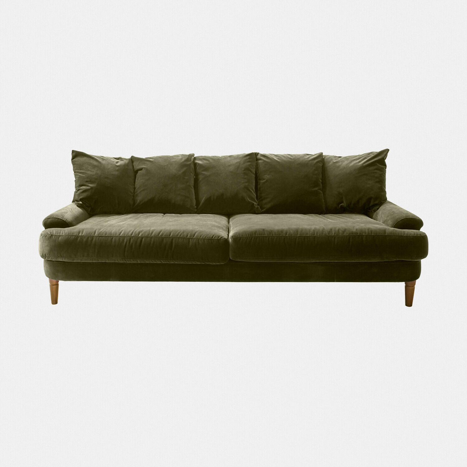 zielony Zielona sofa Rivermere z miękkiego materiału z poduszkami i drewnianymi nogami do salonu