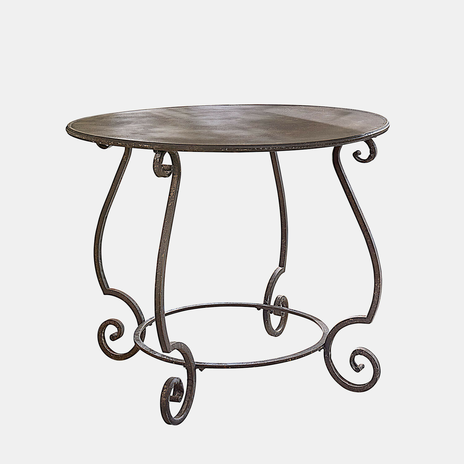 Okrągły stolik z metalu w kolorze ciemnego brązu z ozdobnymi, zakręconymi nogami do salonu