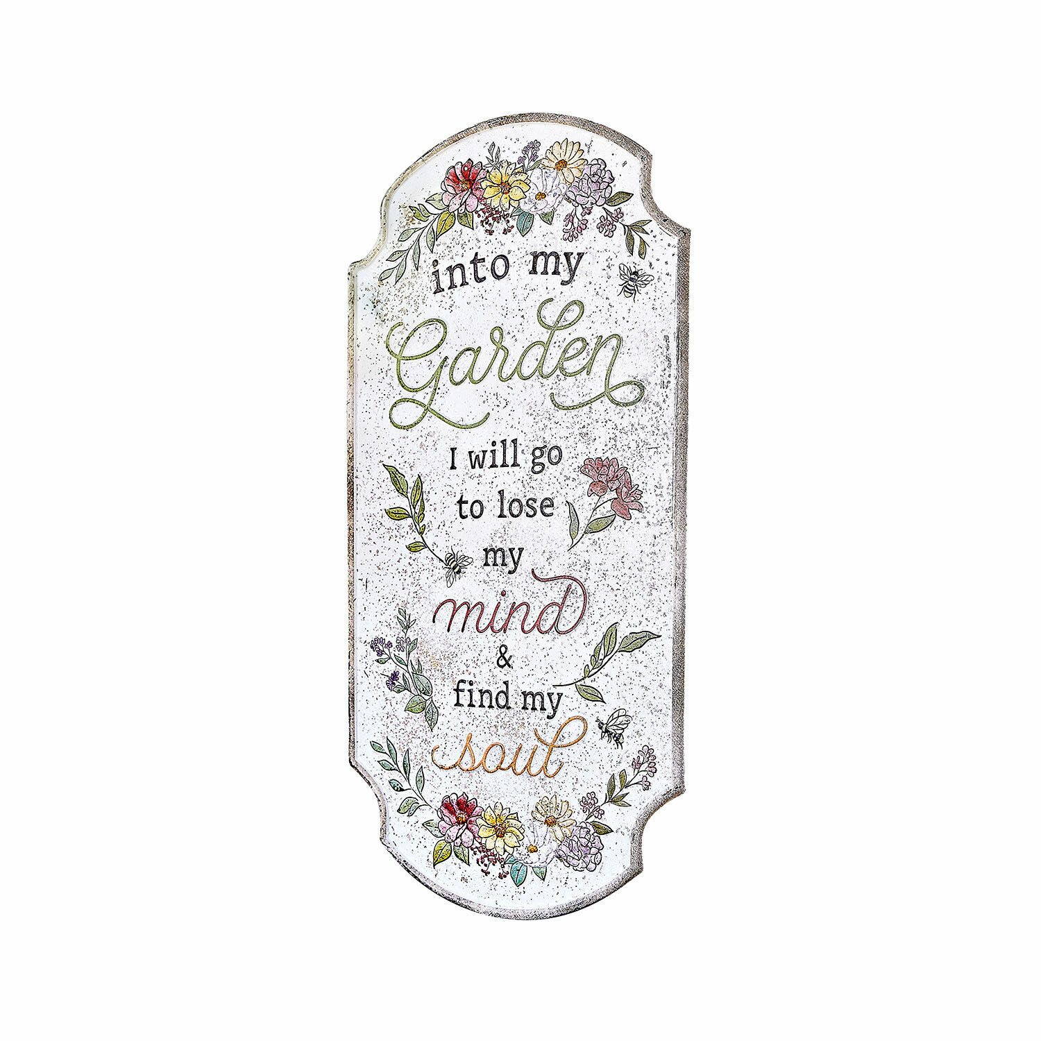 Dekoracyjna tablica ogrodowa z napisem i kolorowymi kwiatami na białym tle, ozdoba do ogrodu