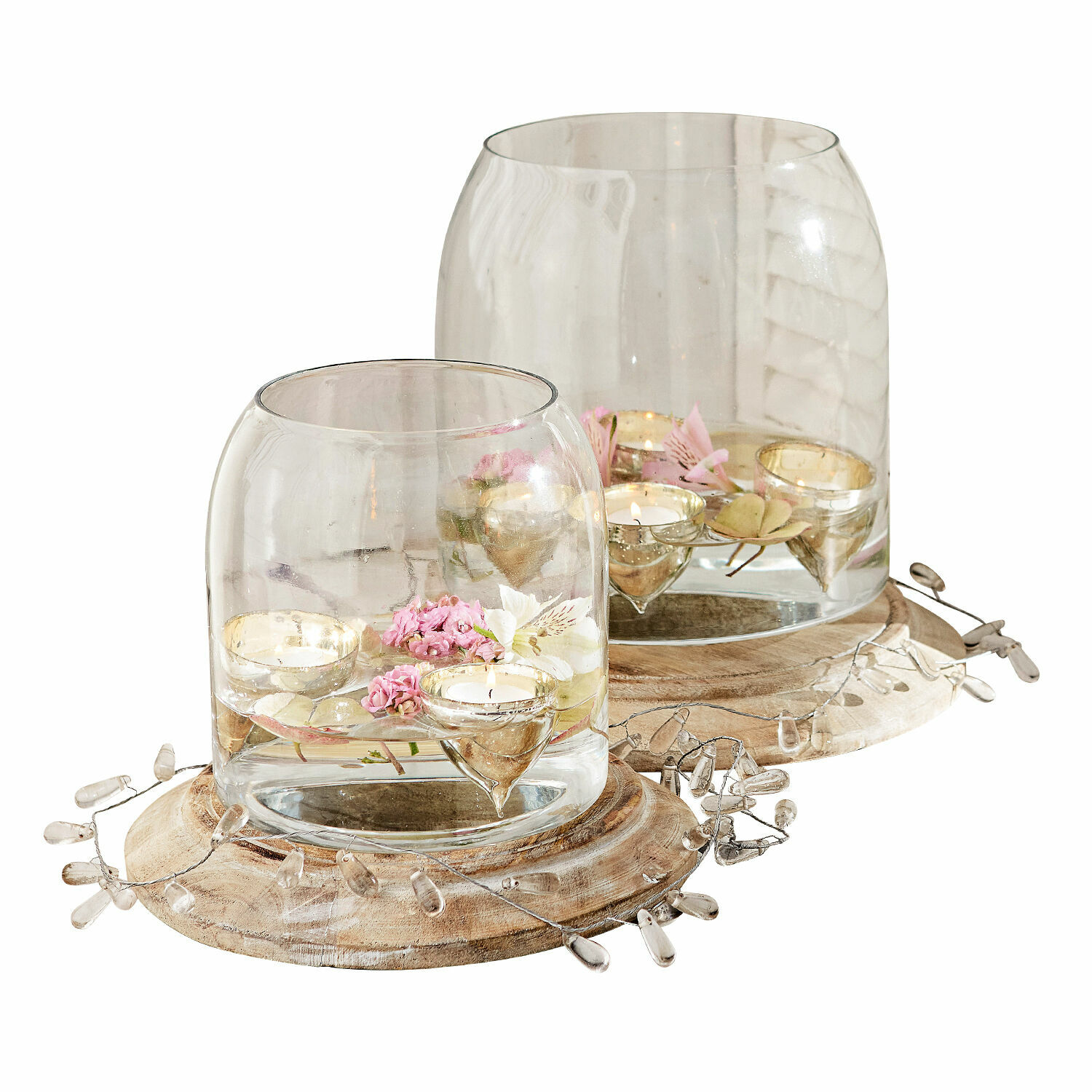 Świecznik, zestaw 2 szt. Bran Szklane lampiony na drewnianych podstawach z różowymi kwiatami i świecami tealight do dekoracji wnętrz
