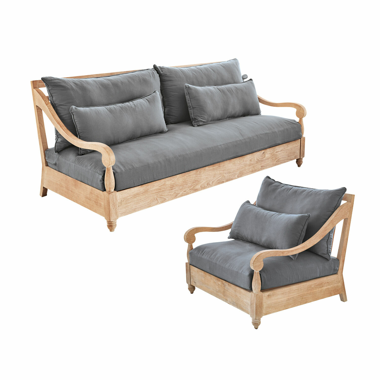 Zestaw mebli Montcassin Zestaw mebli wypoczynkowych z drewna i szarymi poduszkami, stylowa sofa i fotel do salonu