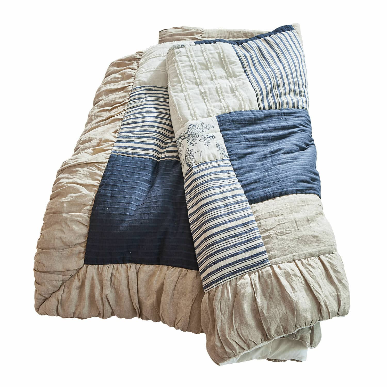 Narzuta Felencio Pikowana narzuta w stylu patchwork z bawełny i lnu w odcieniach beżu i niebieskiego, dekoracyjna pościel