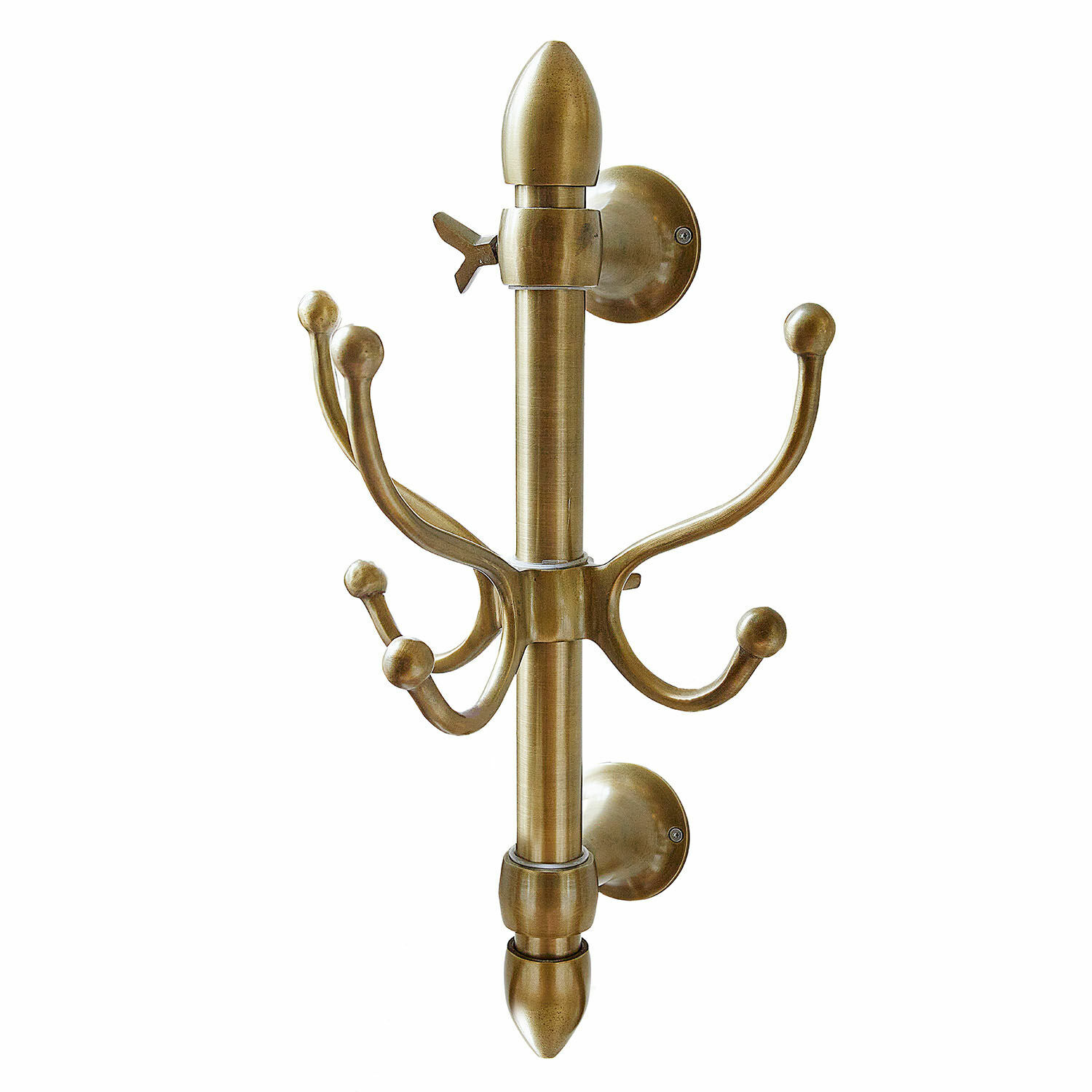 Antyczny mosiężny wieszak ścienny z kilkoma haczykami do przedmiotów i ubrań