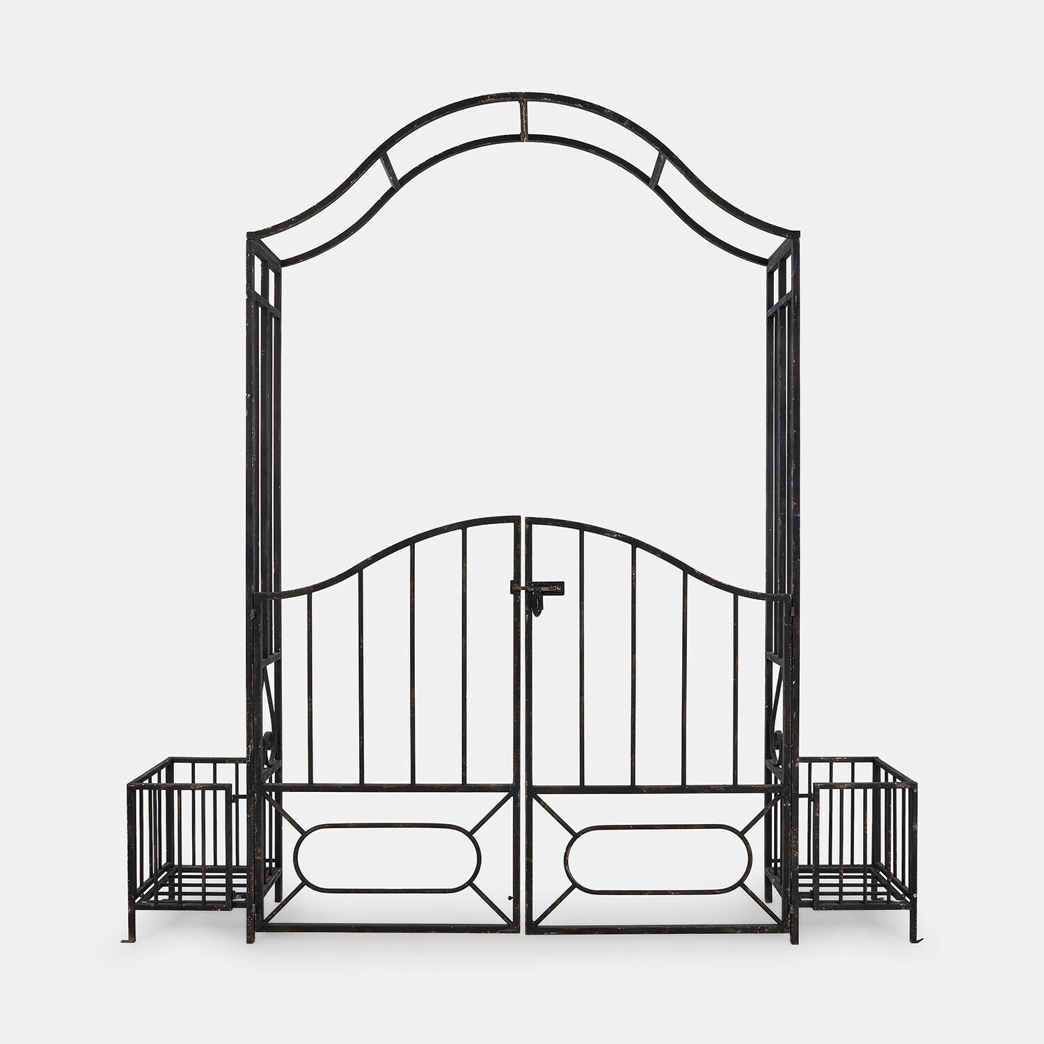 Pergola Donnérie Czarna metalowa brama ogrodowa z łukowatym daszkiem i dwoma donicami po bokach