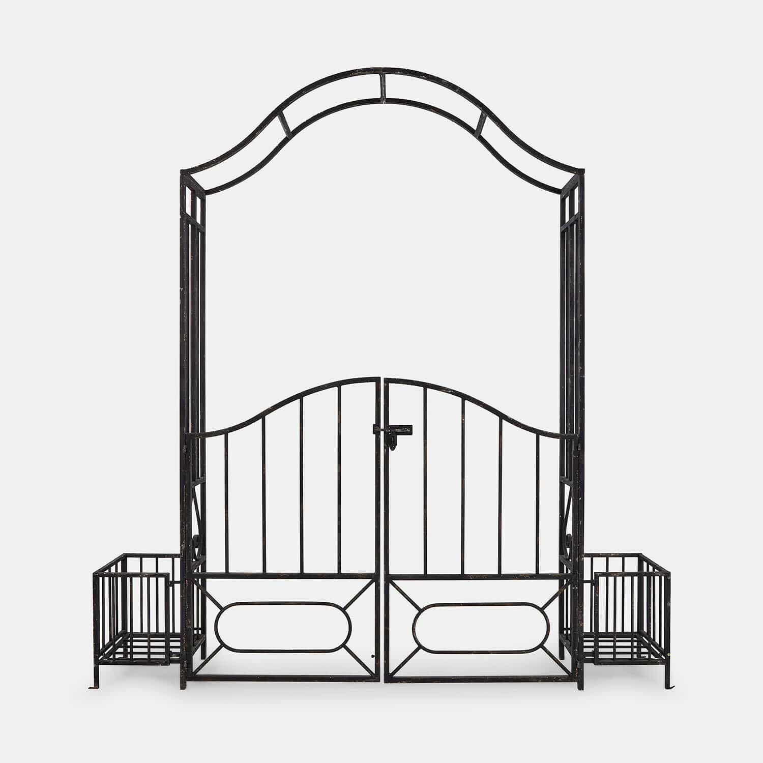 Pergola Donnérie Czarna metalowa brama ogrodowa z łukowatym daszkiem i dwoma donicami po bokach