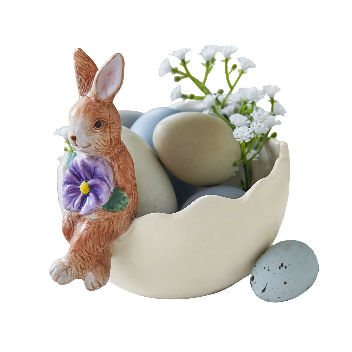 Miska z zajączkiem Jasélie Ceramiczna miska w kształcie skorupki z figurką królika i pastelowymi jajkami wielkanocnymi