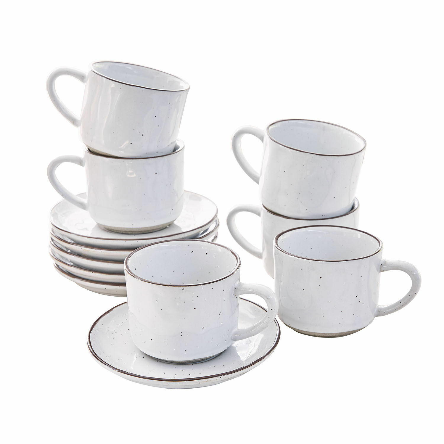 Zestaw 6 białych ceramicznych filiżanek do espresso z talerzykami, minimalistyczny design do kawy