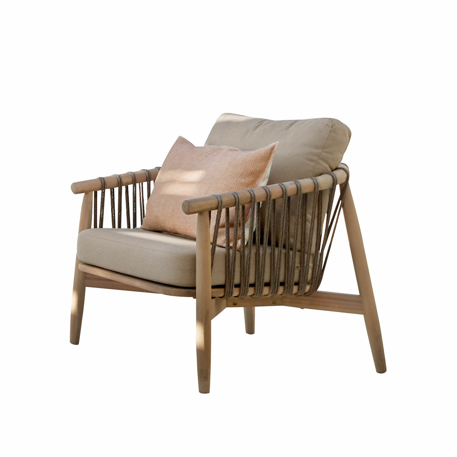 Fotel FSC®-100% Thornwick Fotel z drewna i sznurka z beżowymi poduszkami, nowoczesny mebel wypoczynkowy do salonu