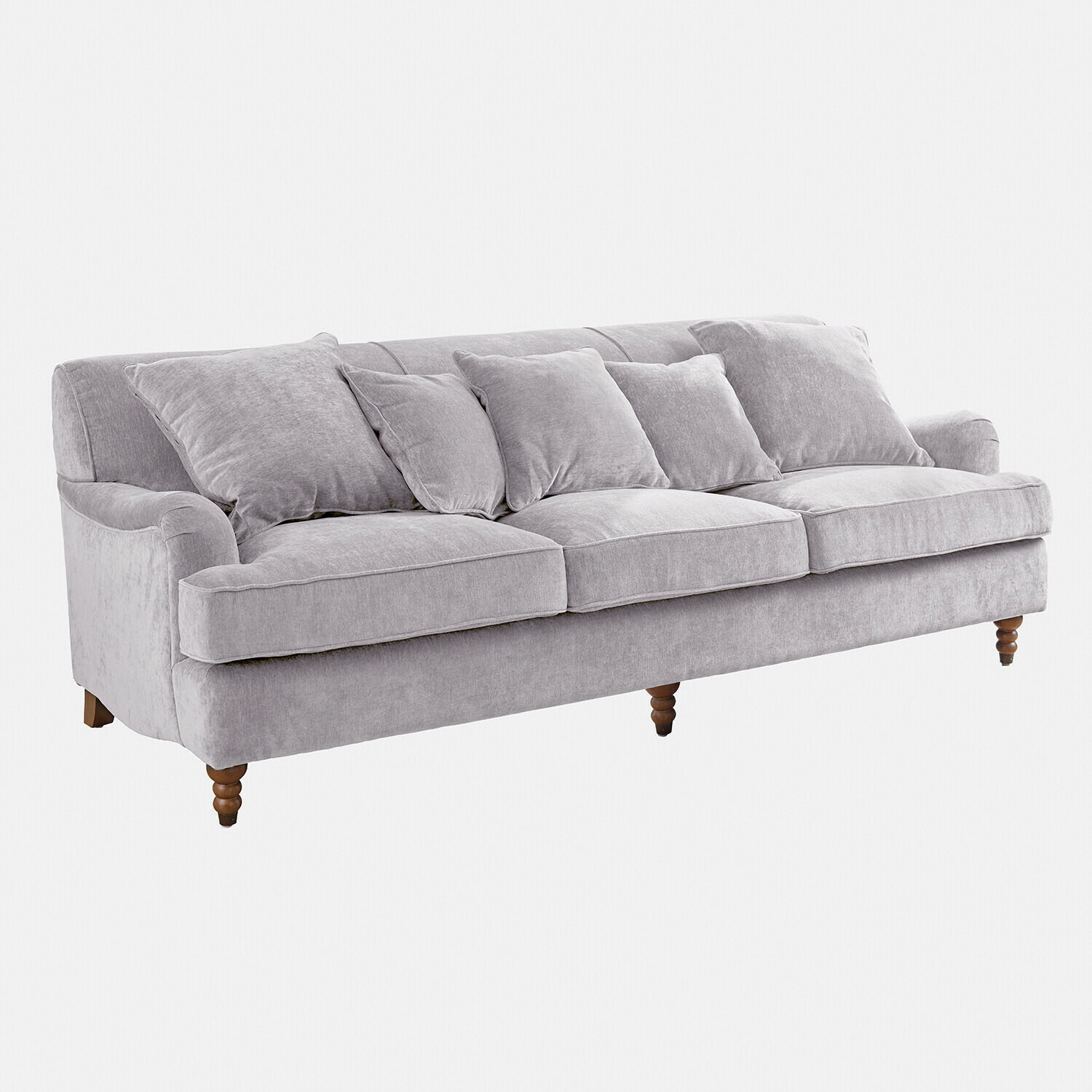 Sofa Isa Duża sofa z miękkiego szarego materiału z poduszkami i drewnianymi nogami, wygodne meble do salonu