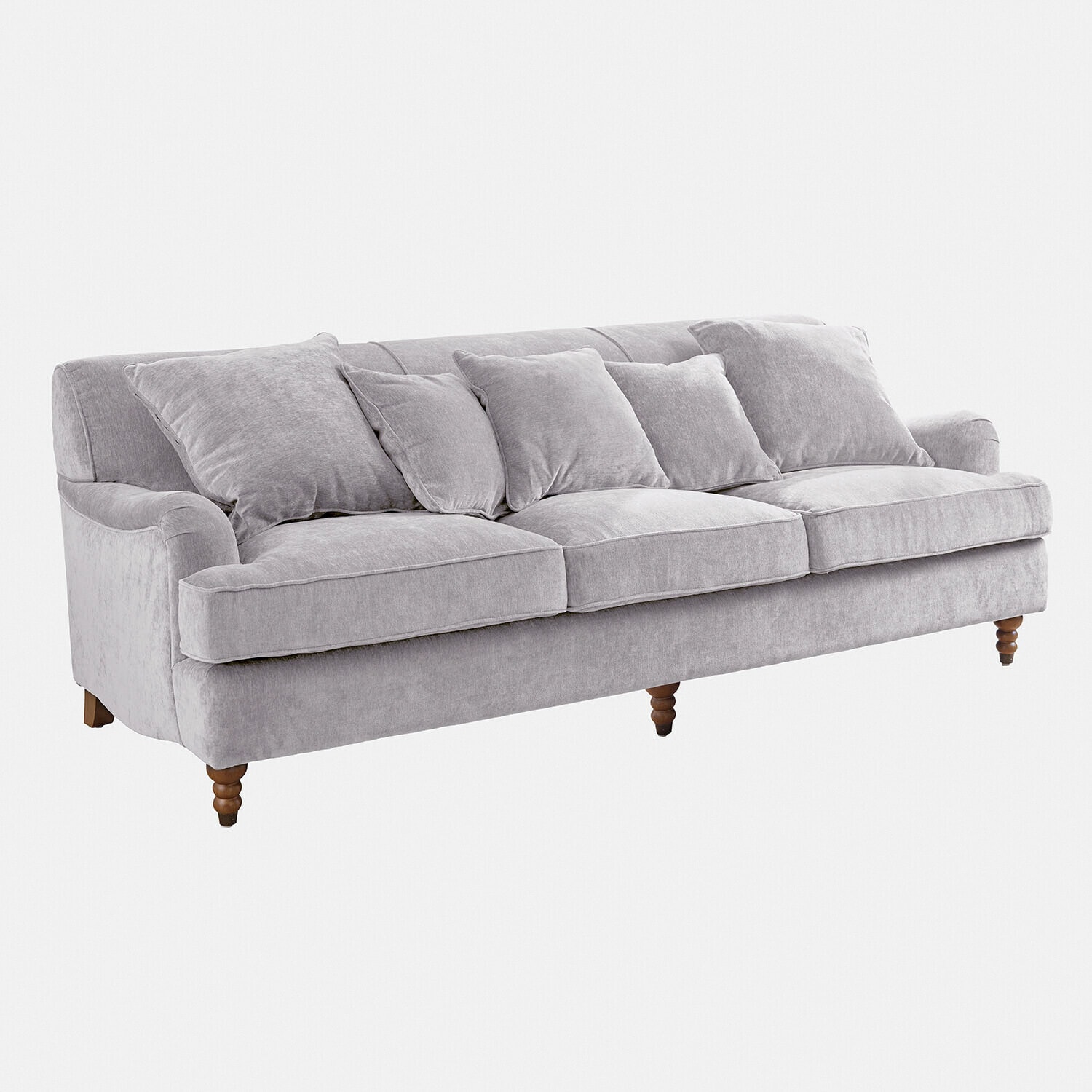Sofa Isa Duża sofa z miękkiego szarego materiału z poduszkami i drewnianymi nogami, wygodne meble do salonu