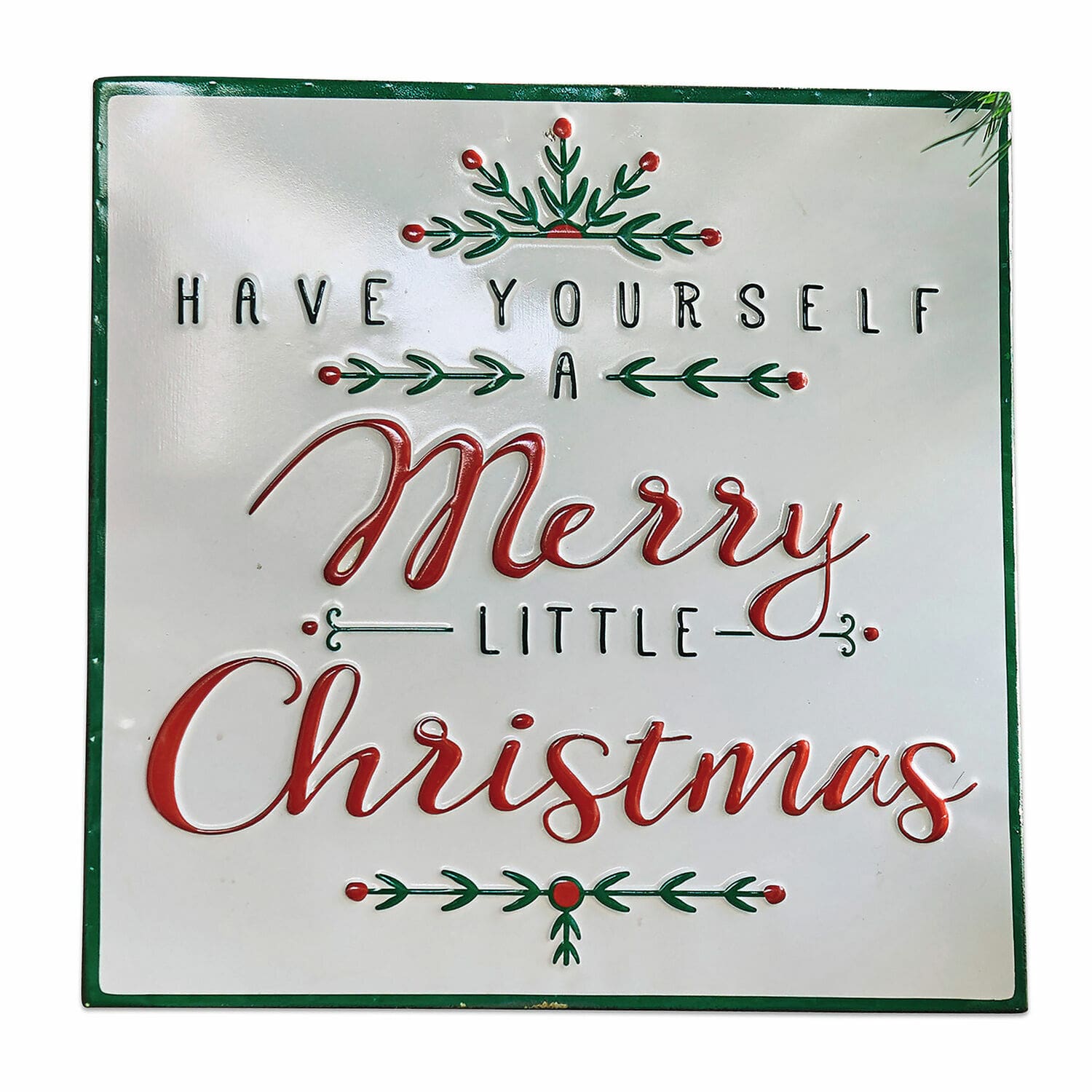 Tablica dekoracyjna Merry Merry Metalowa dekoracja świąteczna z napisem Merry Christmas w czerwieni i zieleni na białym tle