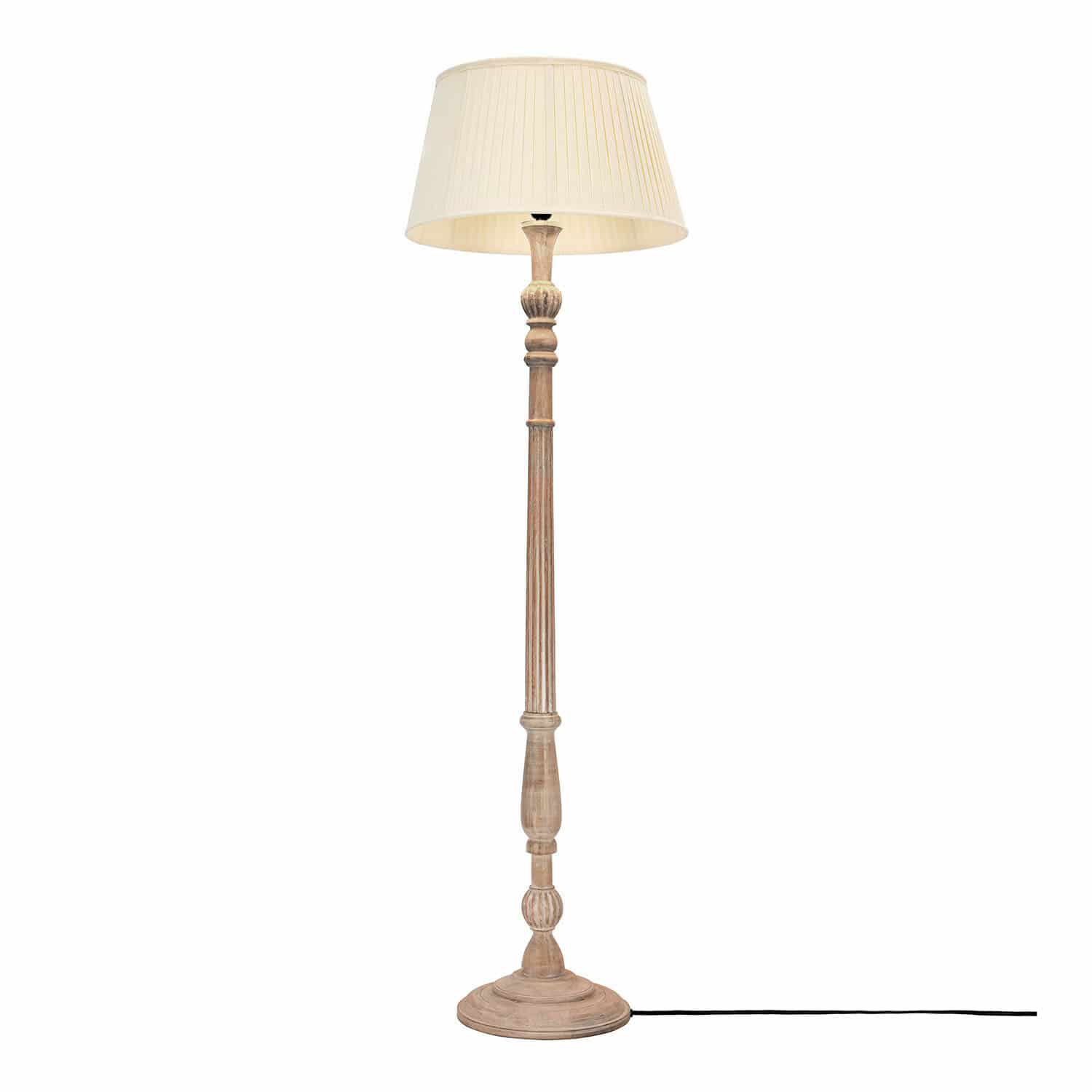 Lampa stojąca Morten Stojąca lampa z drewnianą podstawą i kremowym abażurem, klasyczny design do salonu