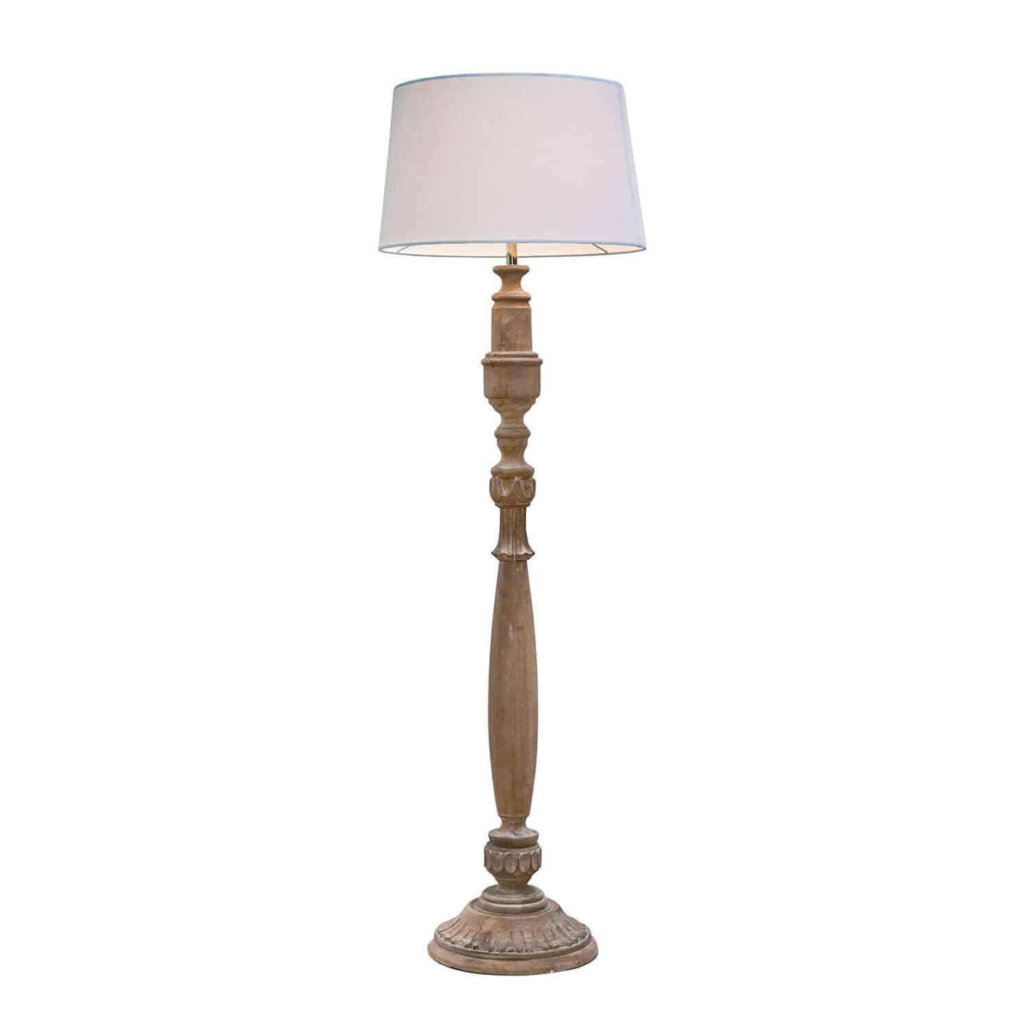 Lampa podłogowa Wynleigh Drewniana lampa podłogowa z białym abażurem, klasyczny design do salonu, dekoracyjna lampa stojąca