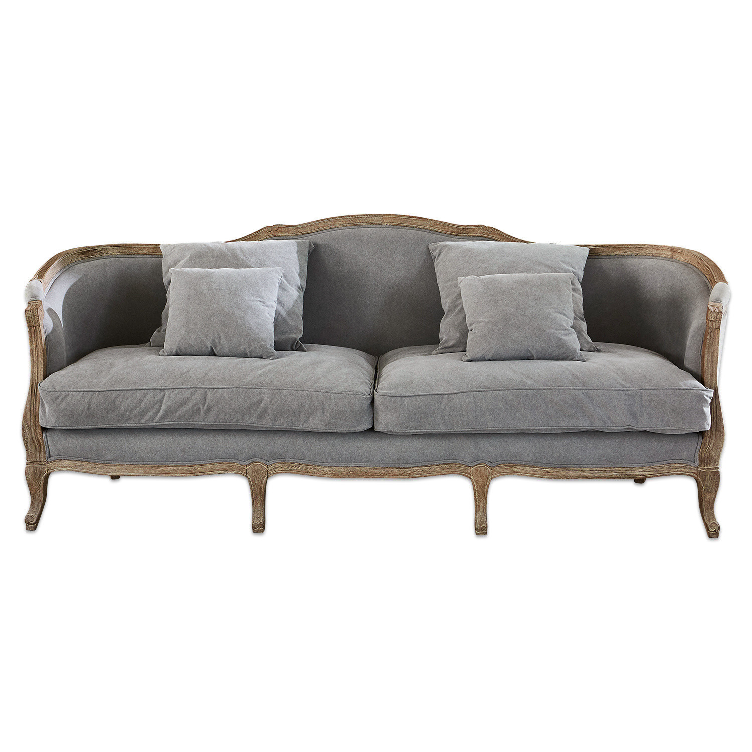 Szara sofa Monneville z drewnianą ramą i miękkimi poduszkami do salonu