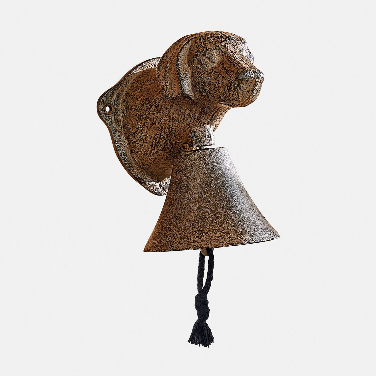 Brązowy dzwonek ścienny z żeliwa z głową psa i czarnym sznurkiem do ciągnięcia