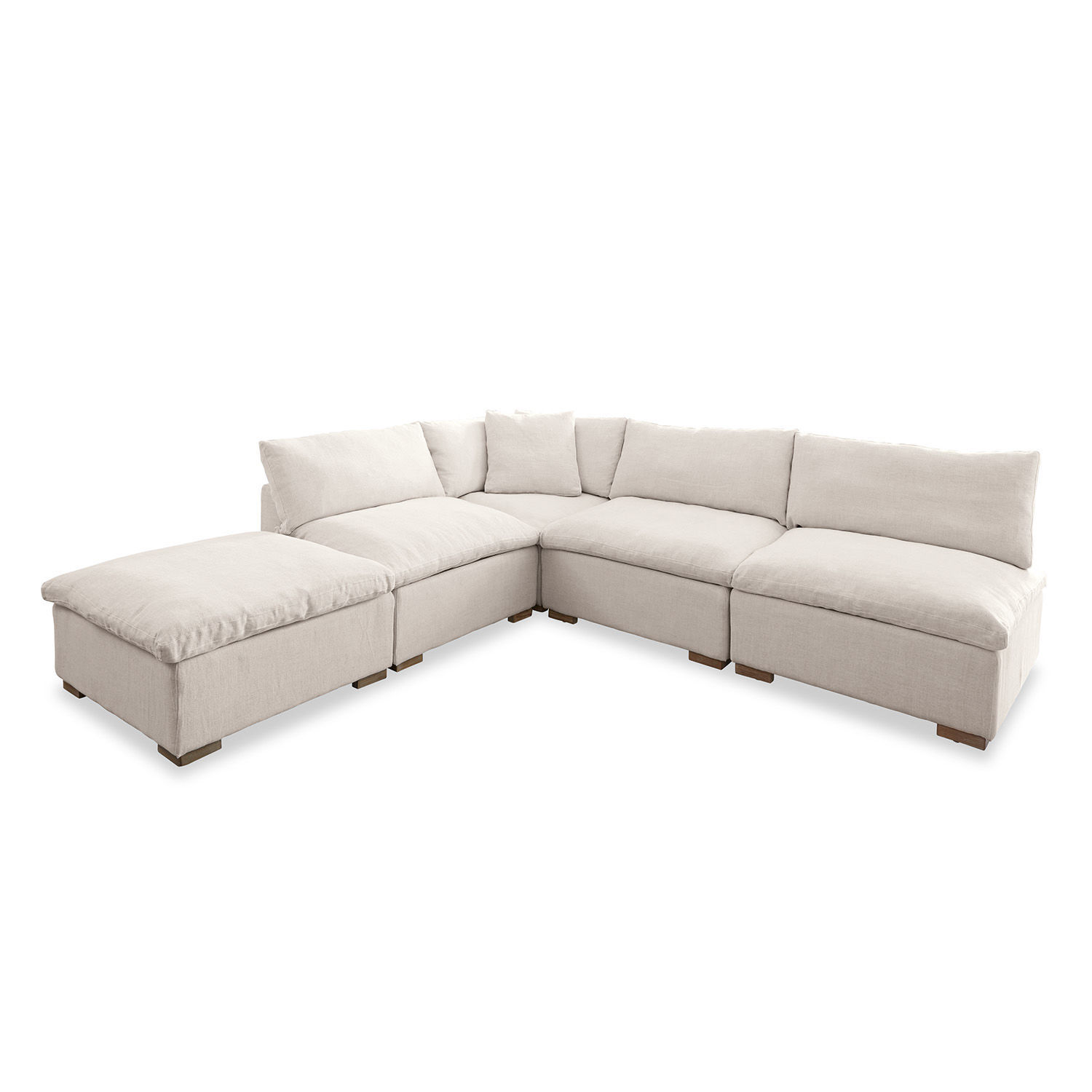 Sofa modułowa Baladou Duży narożnik tapicerowany w jasnym beżowym kolorze z miękkimi poduszkami i drewnianymi nogami