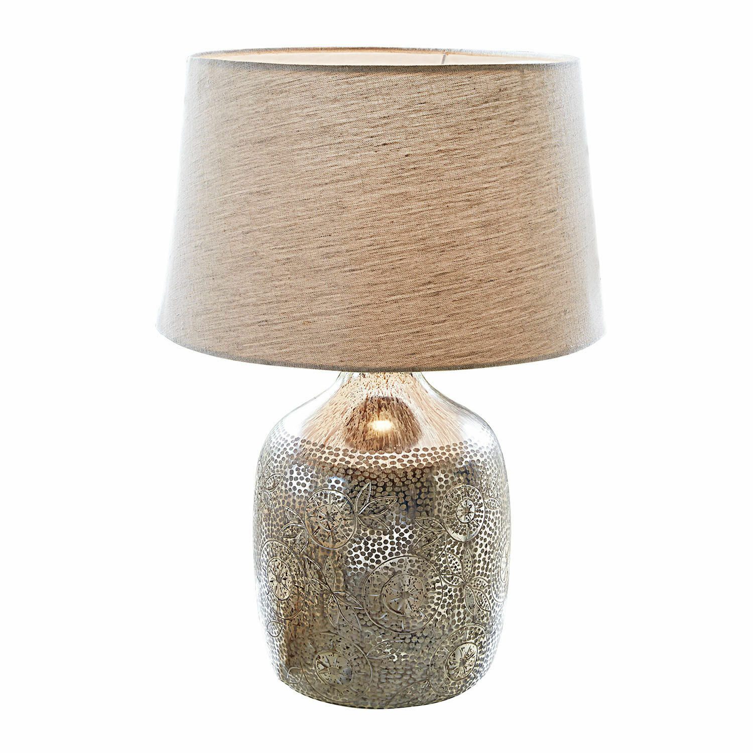 Lampa stołowa Leonarda Lampka stołowa z metalową podstawą w kolorze starego złota i beżowym abażurem z tkaniny