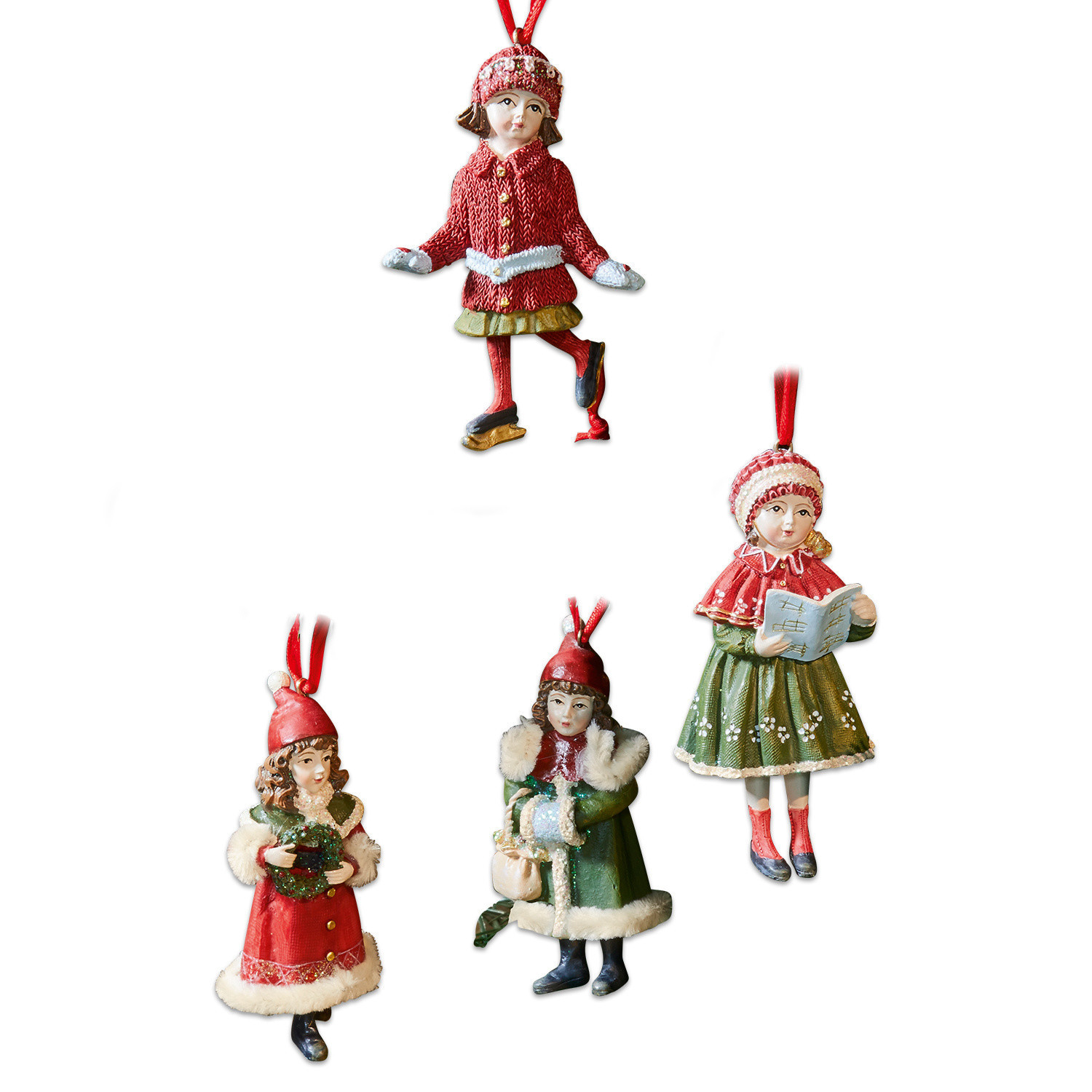 Ozdoby wiszące, zestaw 4 szt. Nostalgic Zestaw czterech ozdób choinkowych z postaciami dzieci w zimowych ubraniach w czerwieni i zieleni