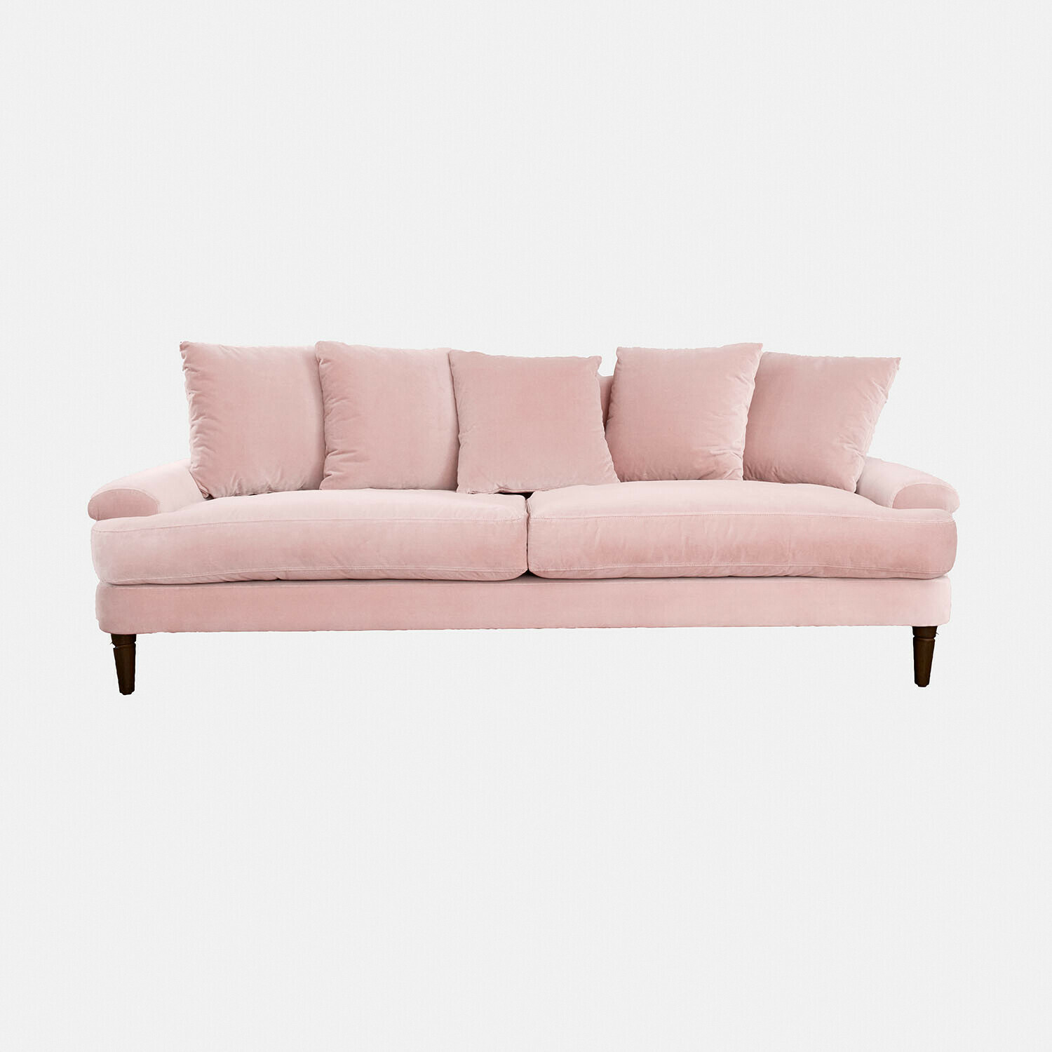 Sofa Rivermere Różowa sofa z miękkiego aksamitu z pięcioma poduszkami i drewnianymi nogami do salonu