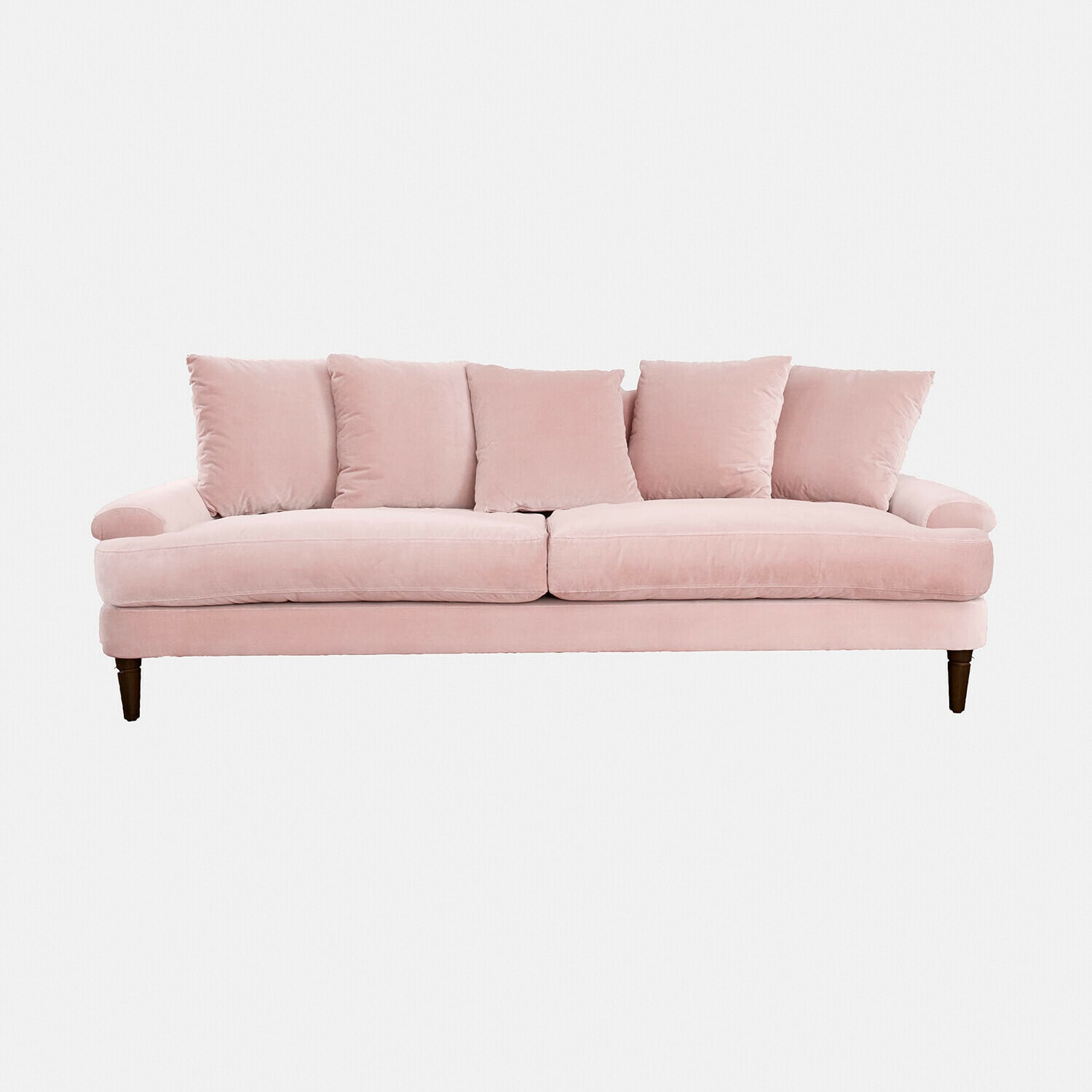 Sofa Rivermere Różowa sofa z miękkiego aksamitu z pięcioma poduszkami i drewnianymi nogami do salonu