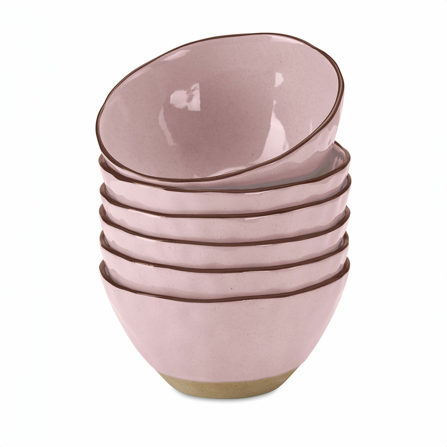 różowy Zestaw 6 ceramicznych misek Biarritz w różowym kolorze z brązową krawędzią do kuchni