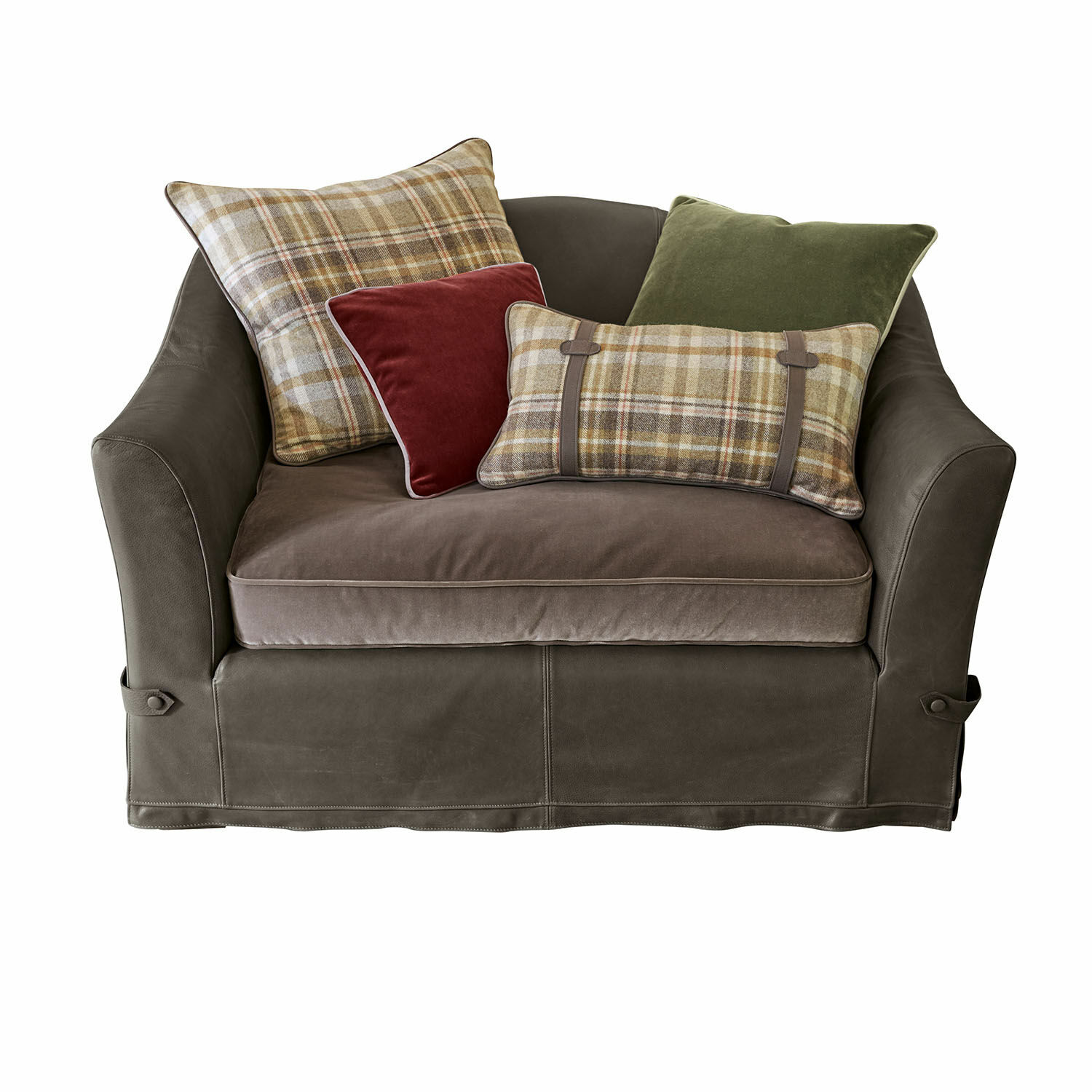 szary Szary fotel Halton z miękkiego materiału z poduszkami w kratę i aksamitne, wygodne siedzisko