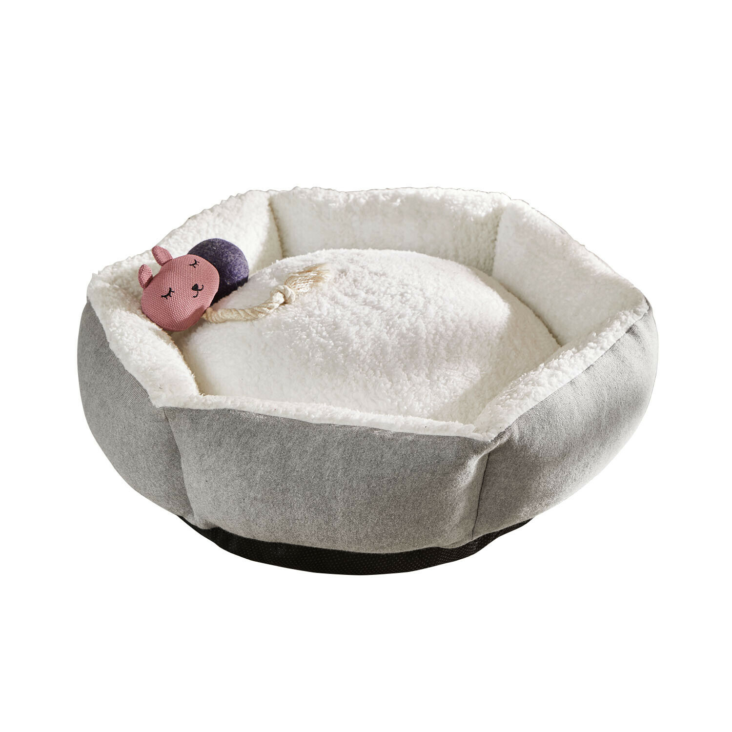 Okrągłe legowisko dla zwierząt z szarego materiału i białego pluszu z zabawką w kształcie zwierzątka