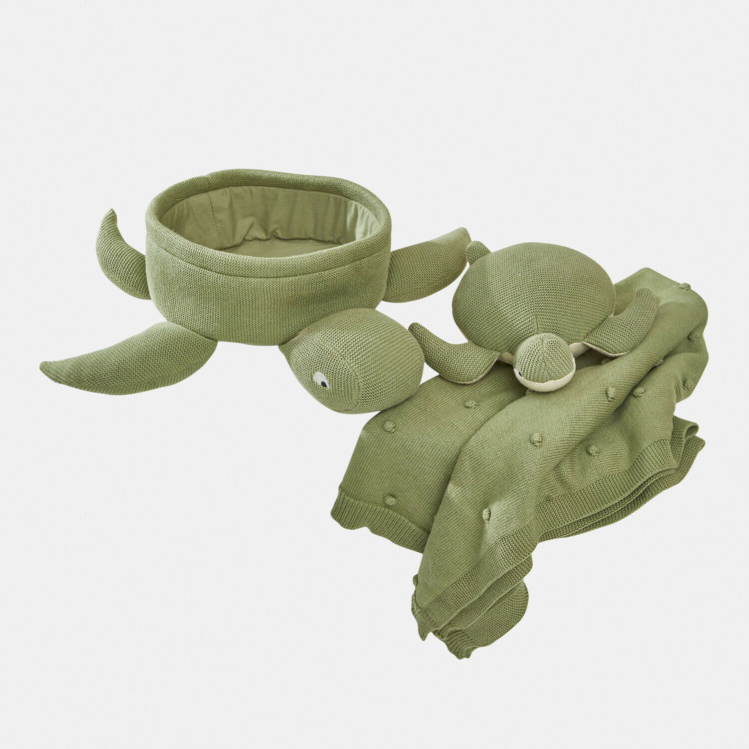 Zielona dziergana pojemnik i zabawka żółw z miękkiego materiału, dekoracja i organizacja pokoju dziecięcego