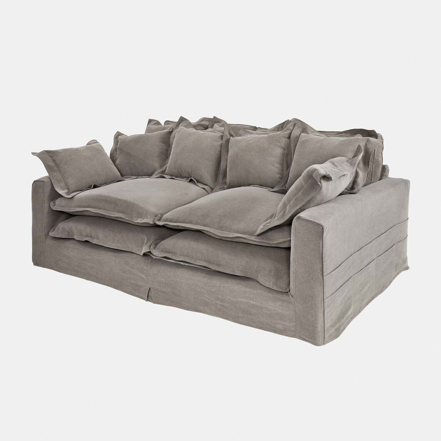 Sofa Terell Szara sofa z miękkiej tkaniny z wieloma poduszkami, wygodne meble do salonu