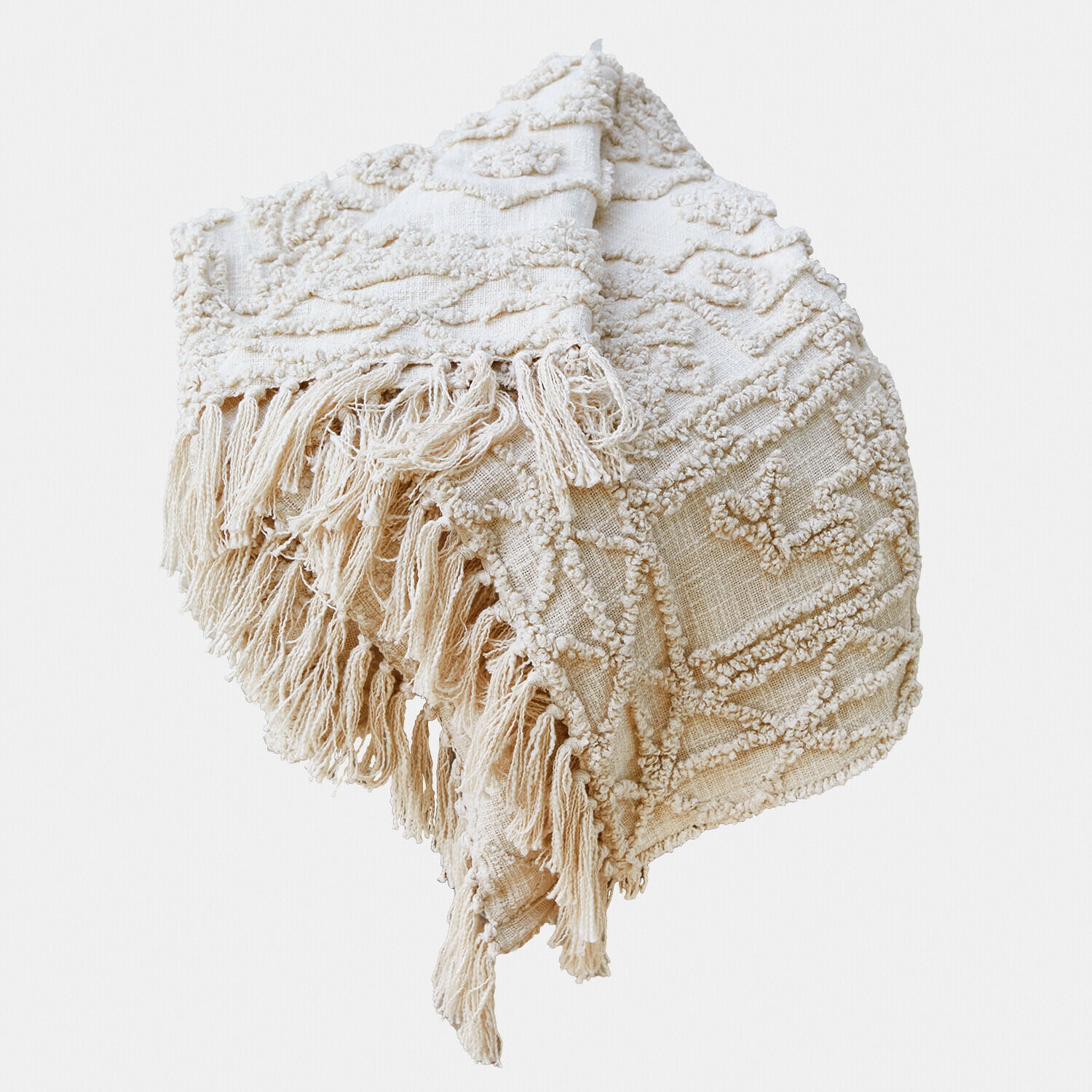 Beżowy koc dekoracyjny z frędzlami i geometrycznym wzorem, miękki materiał do salonu