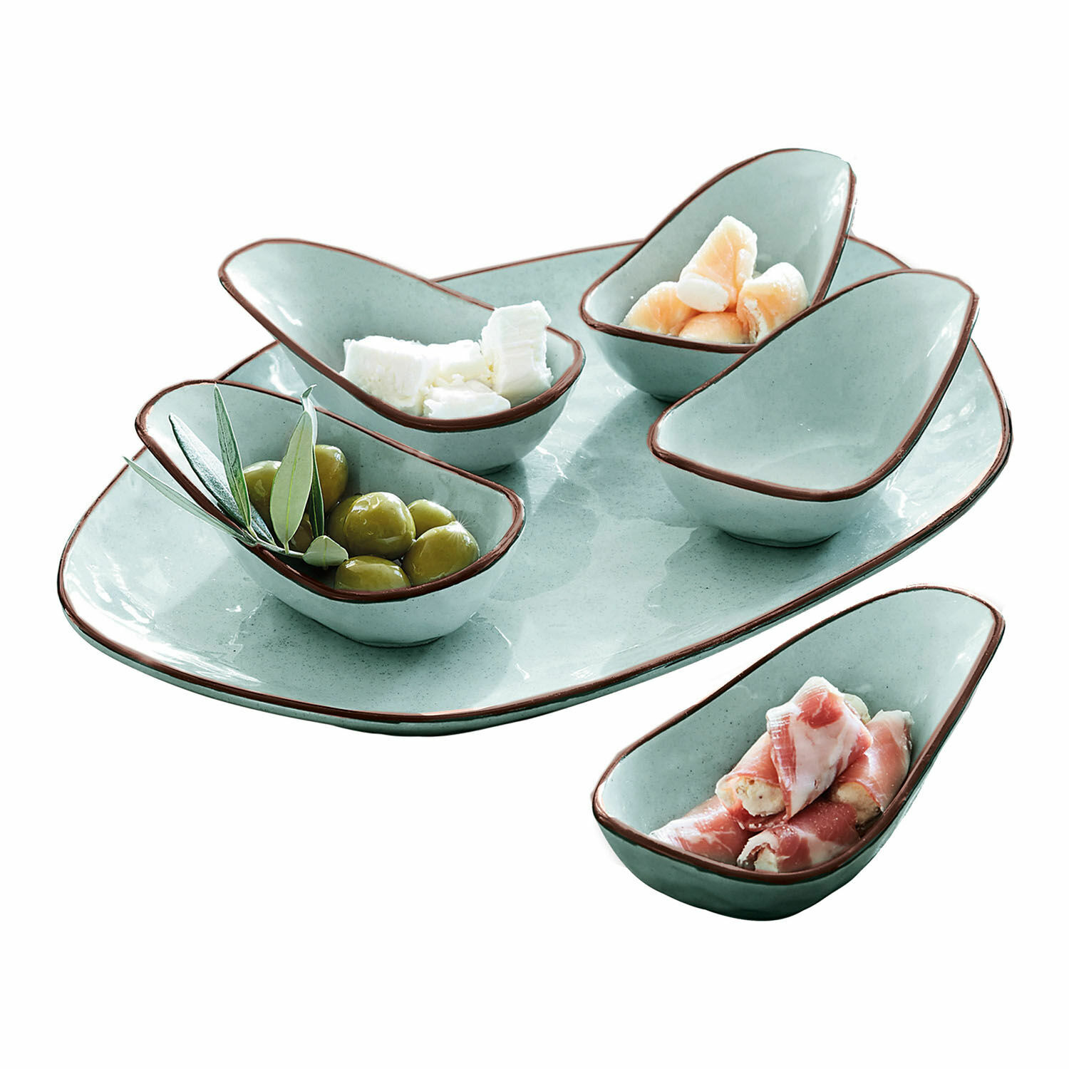 Miseczki do serwowania, zestaw 6 szt. Biarré Zestaw ceramicznych miseczek i talerza w miętowym kolorze z brązową krawędzią do serwowania przekąsek