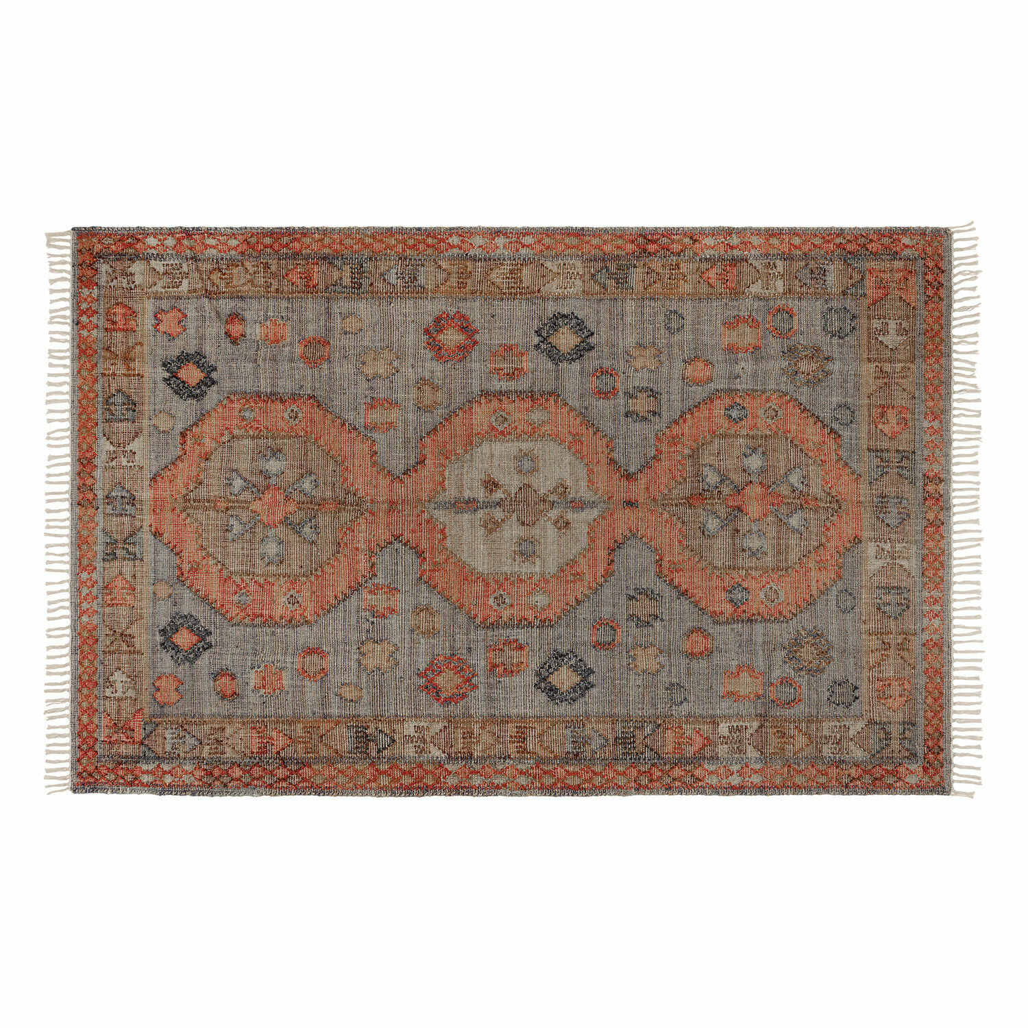 Dywan Exeter Dywan z wzorem w stylu vintage w odcieniach szarości i pomarańczy z frędzlami z bawełny