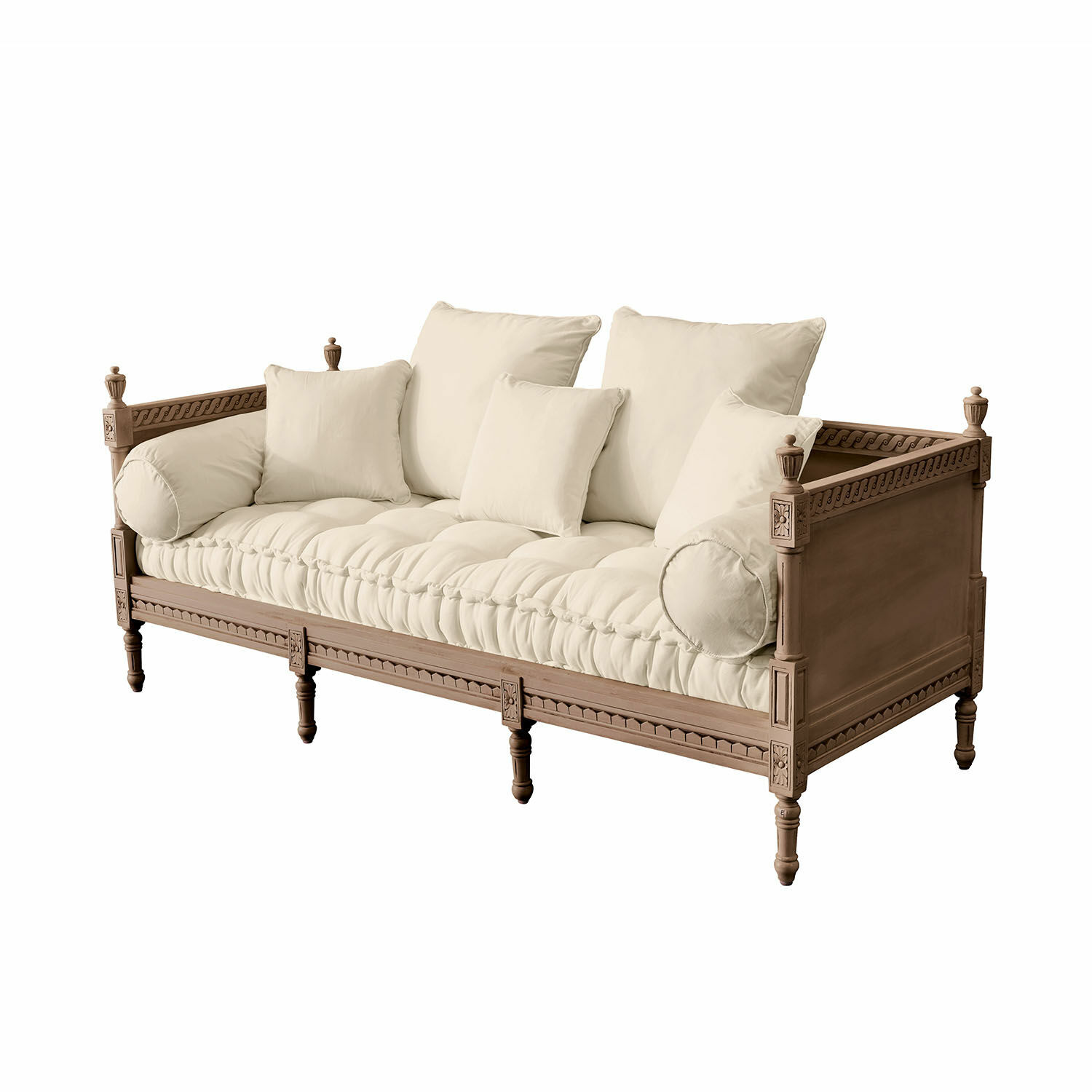 Sofa Douville Sofa z drewnianą ramą i kremowymi poduszkami, klasyczny design do salonu